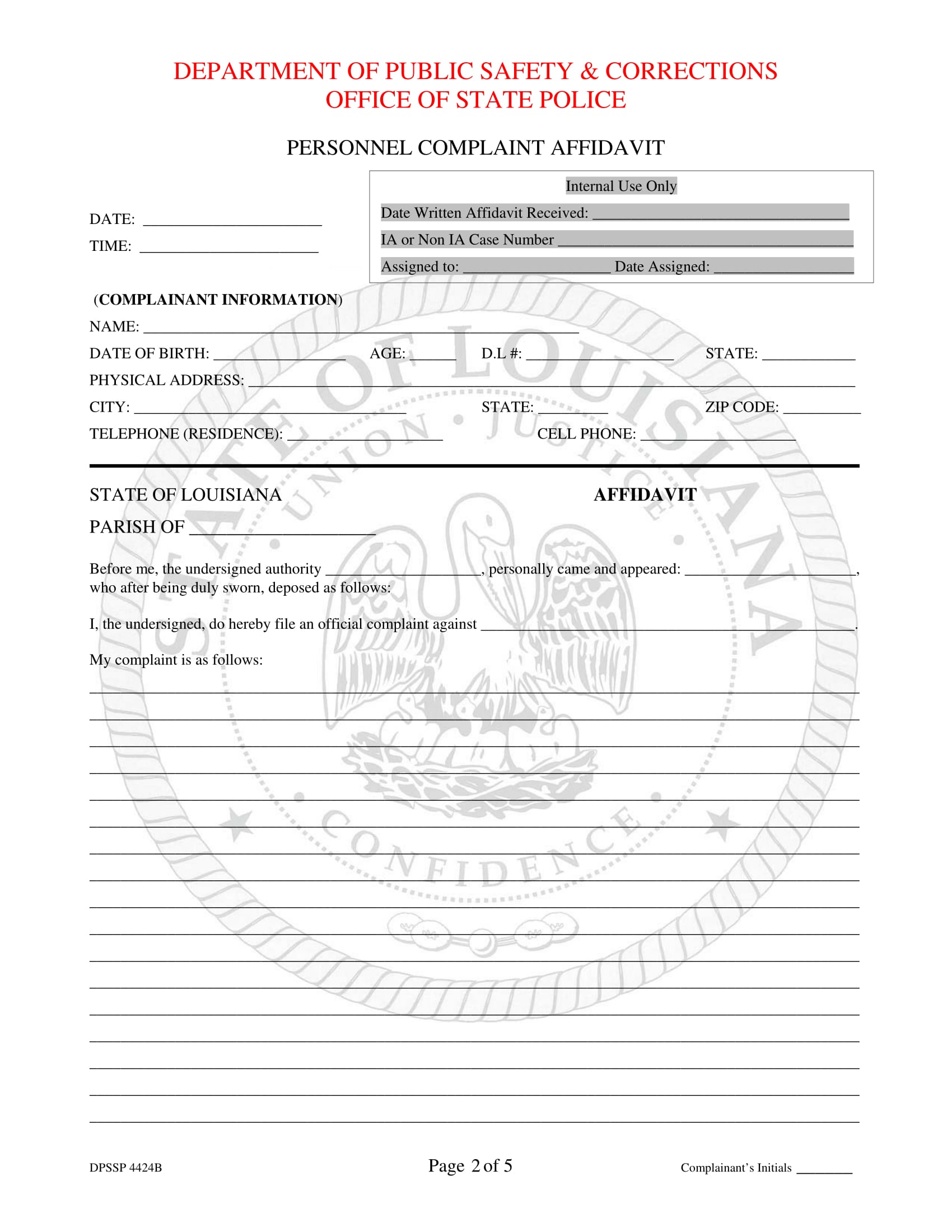personnel complaint affidavit form 2