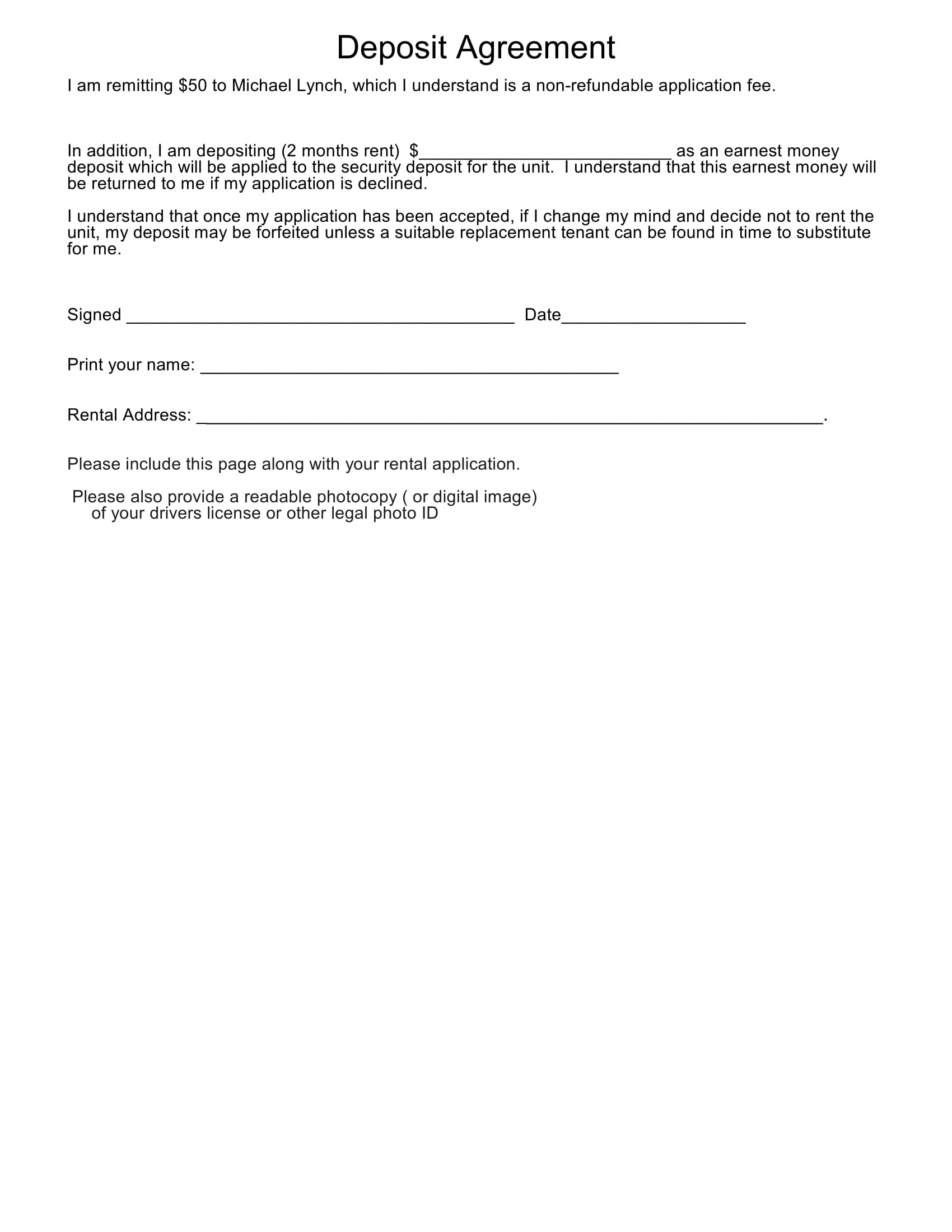 rental deposit agreement form 1