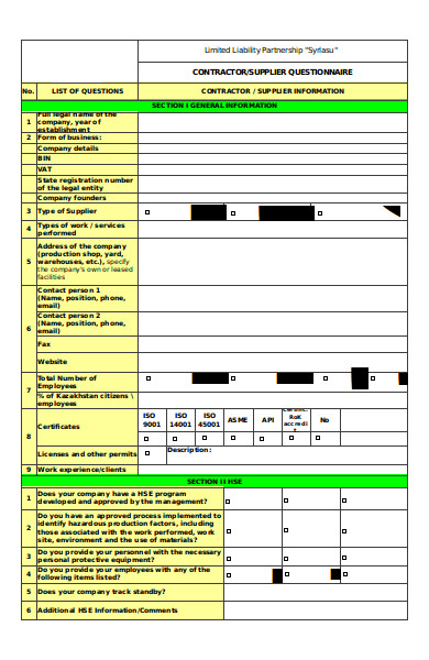 sample vendor questionnaire form