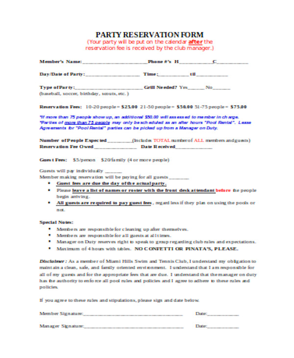 simple party reservation form