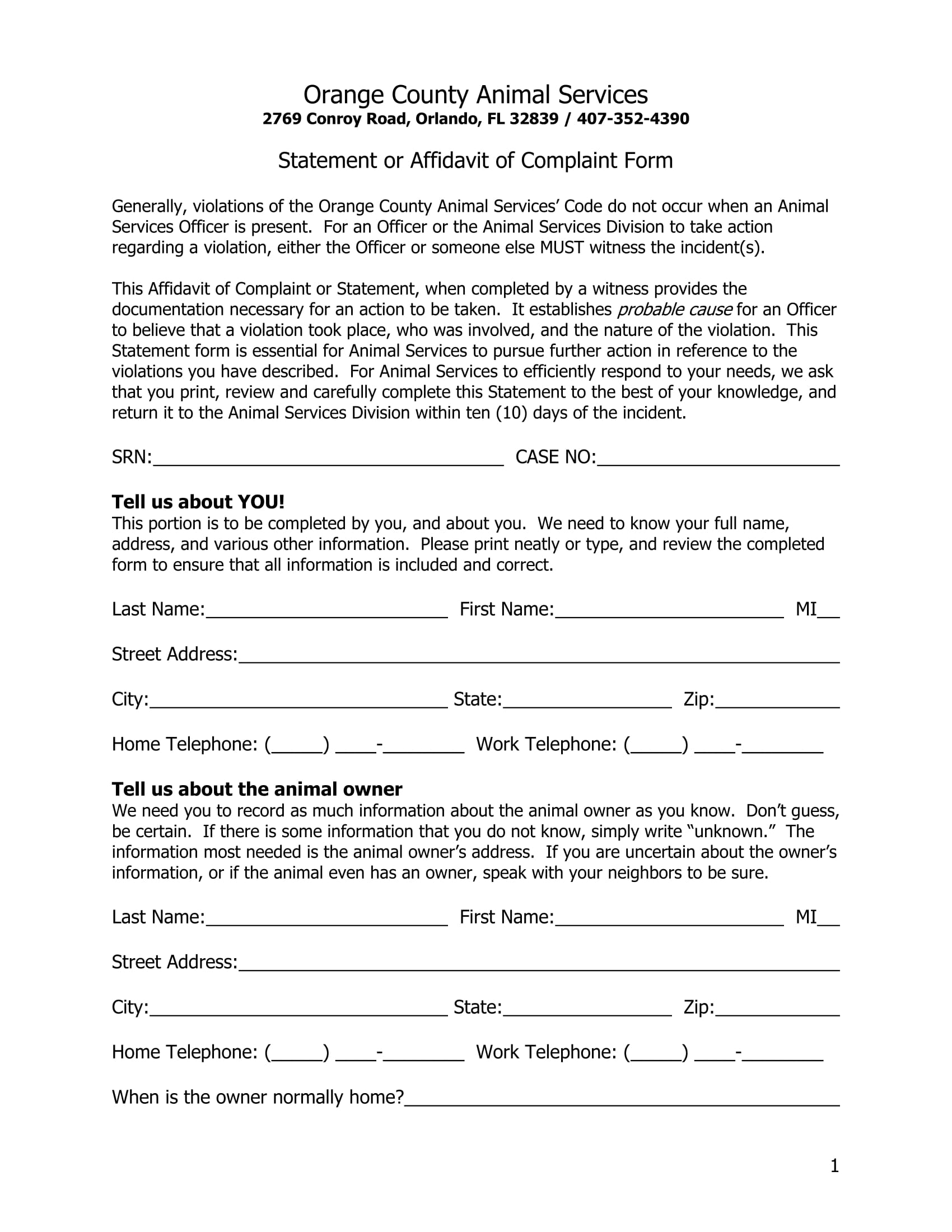 statement of affidavit of complaint form 1