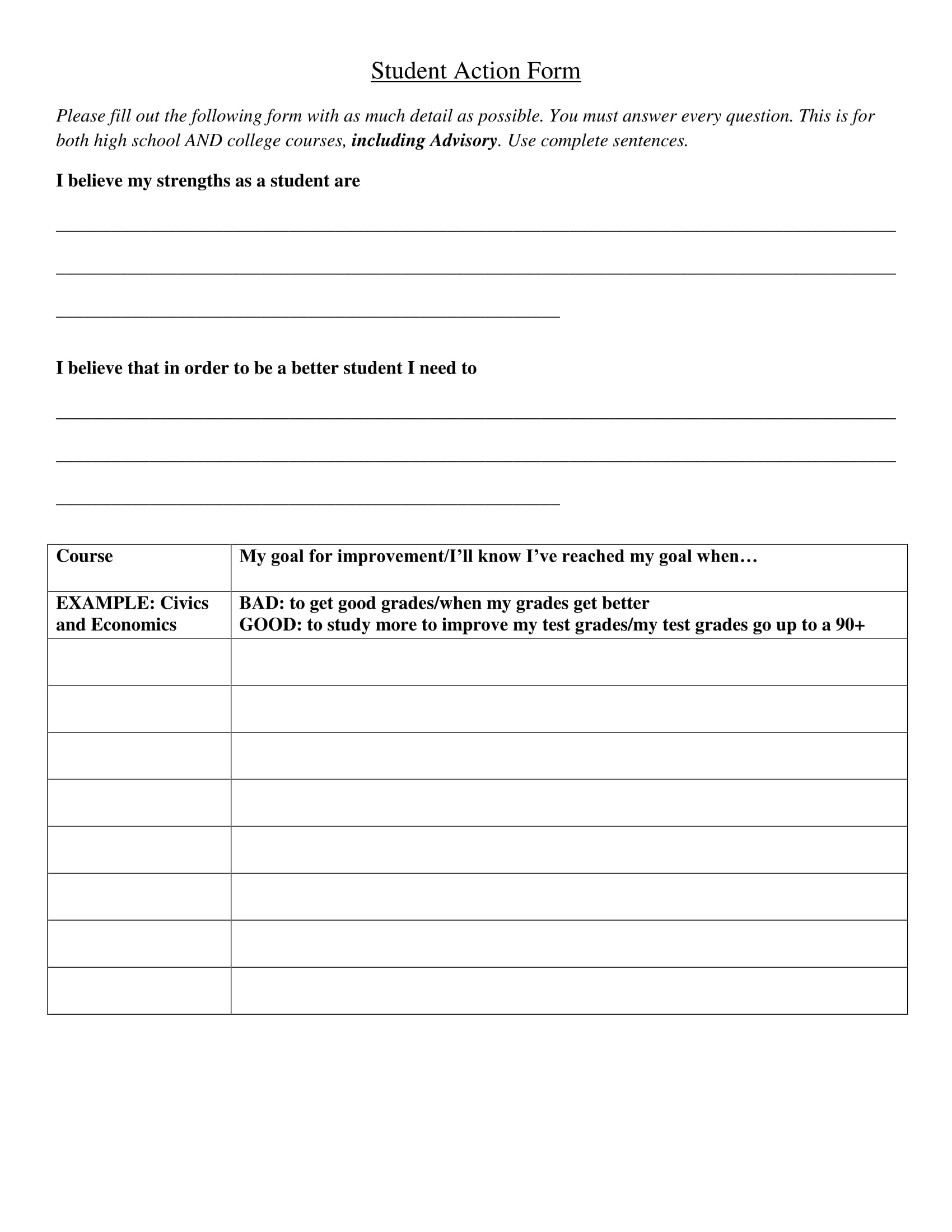 student action form 1