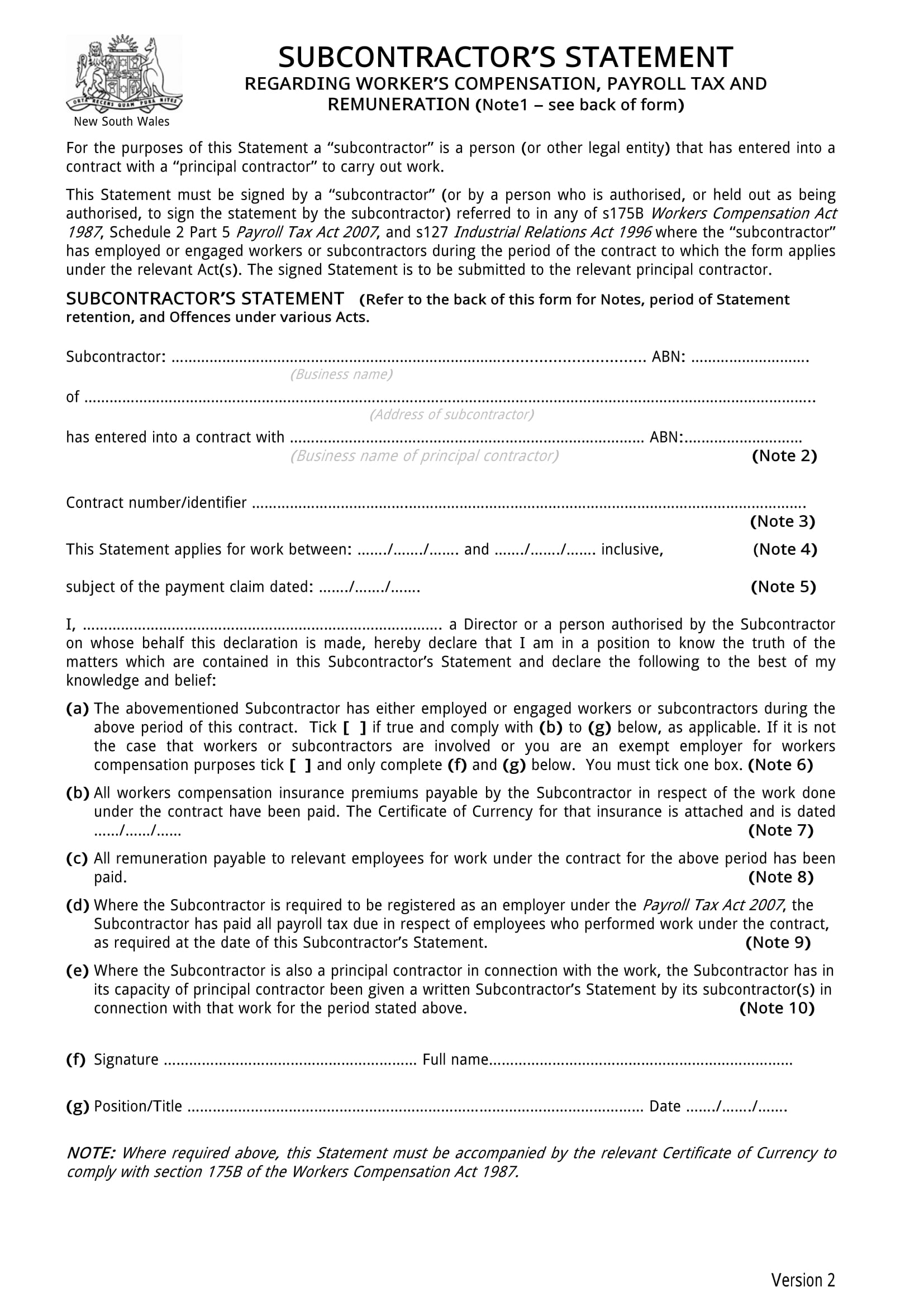 subcontractor tax agreement form 1