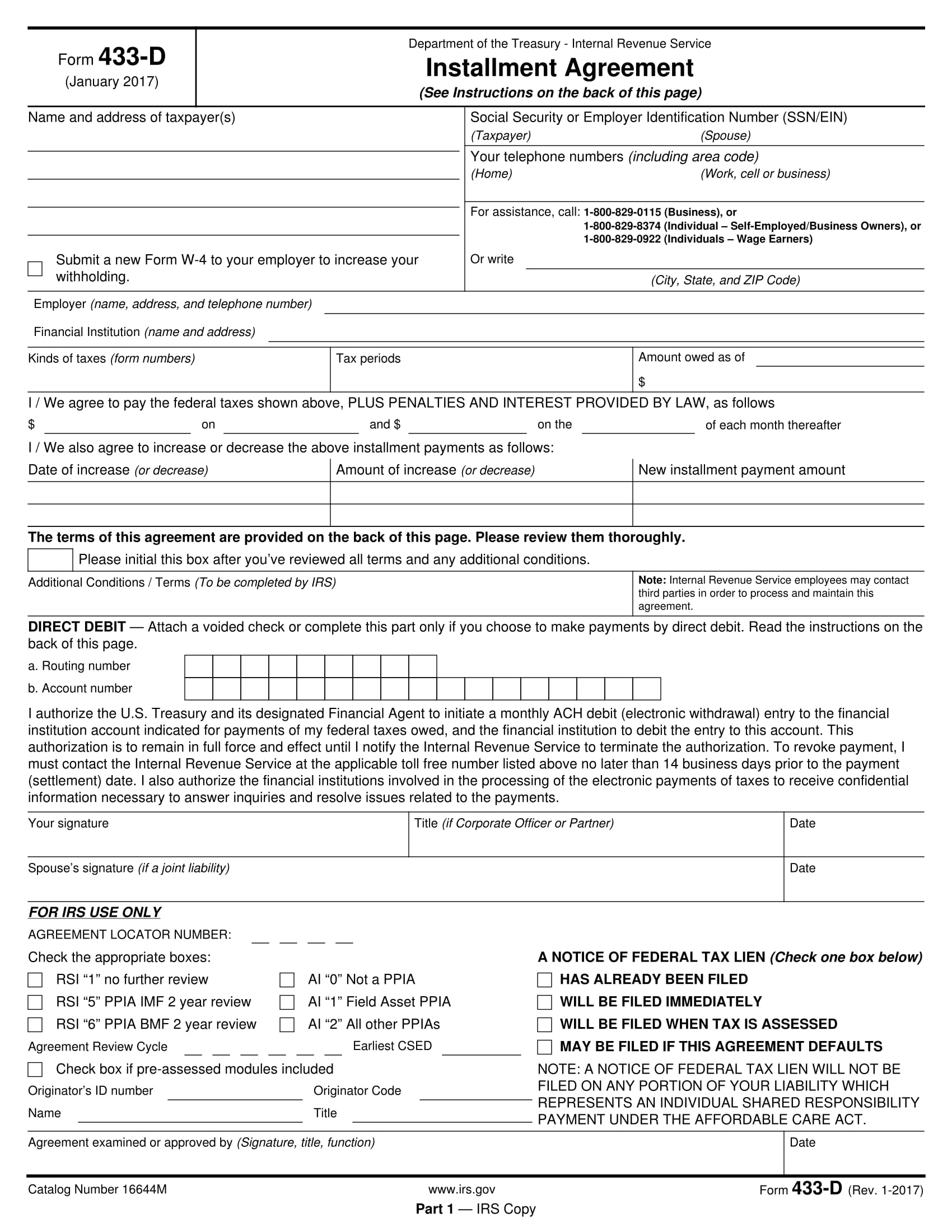 tax installment agreement form 1