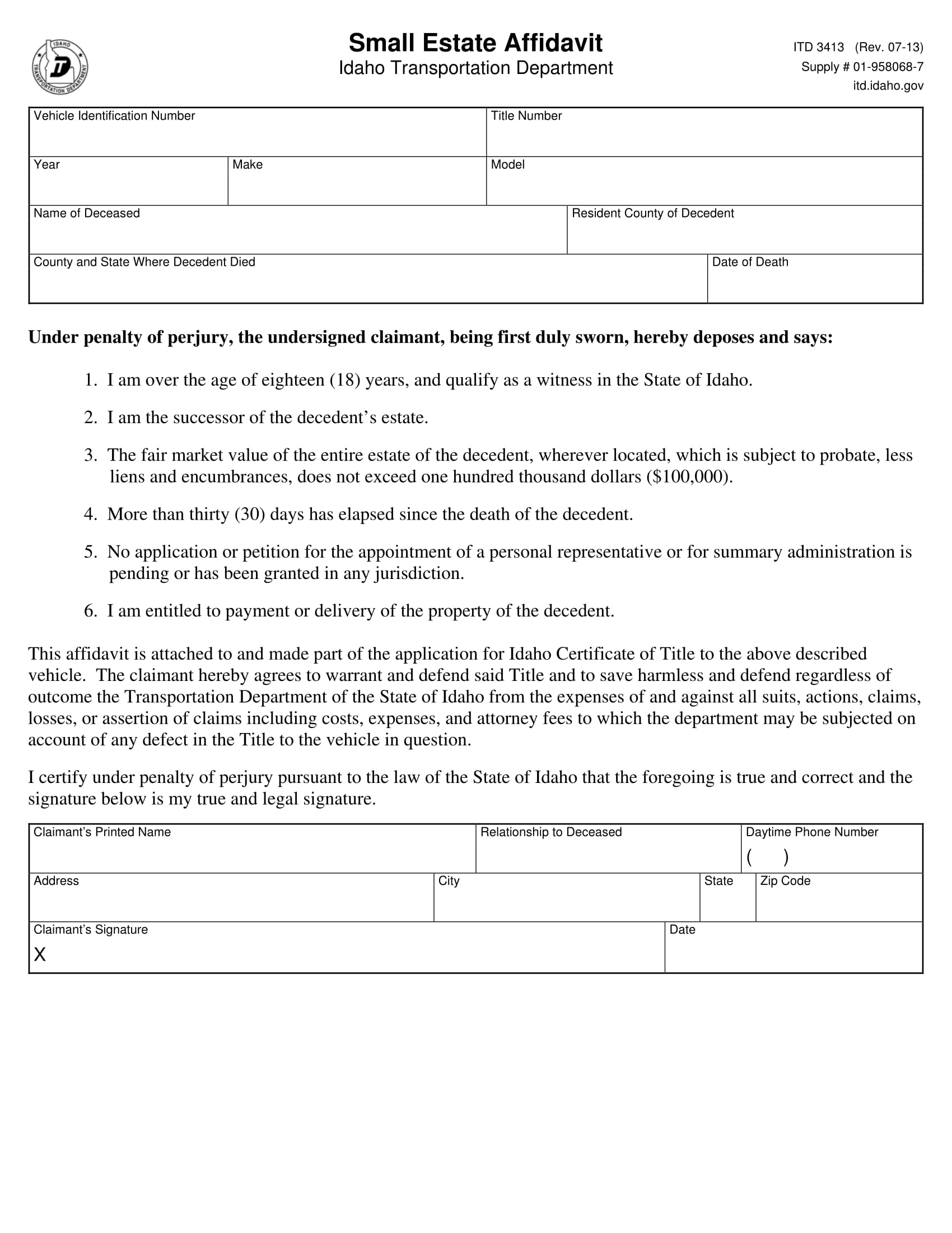 transporation small estate affidavit form 1