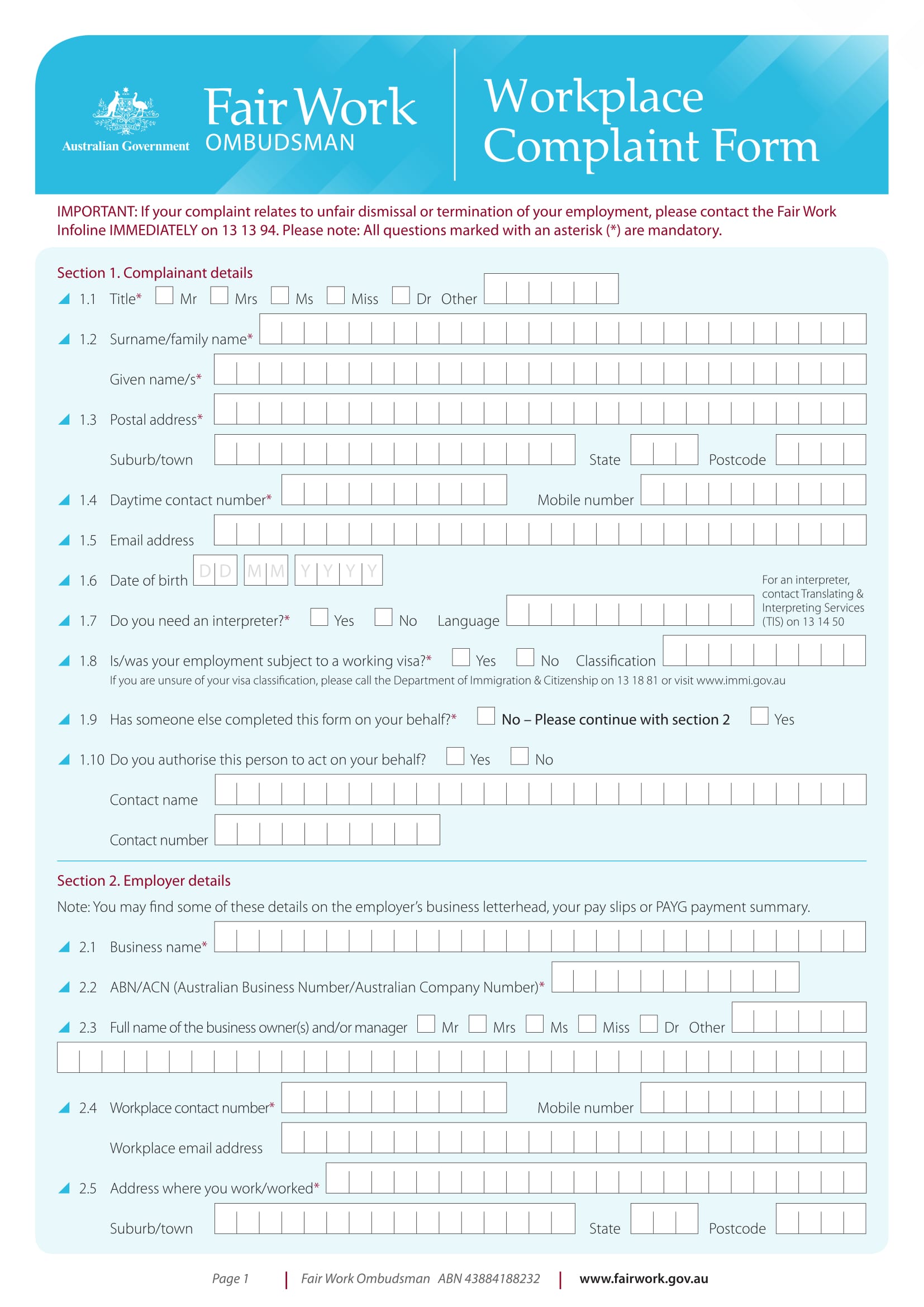workplace complaint form example 1