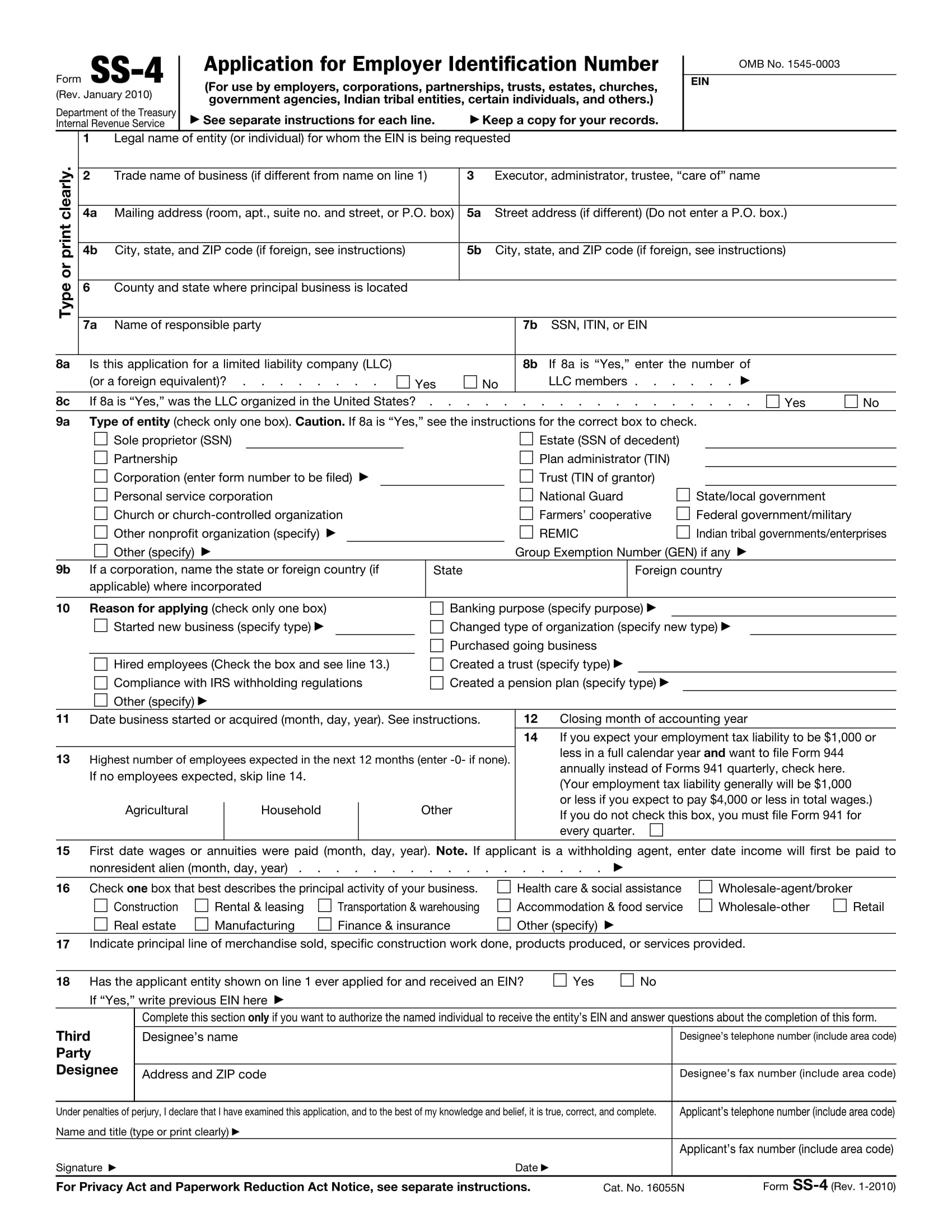 federal tax application form employer identification numer 2