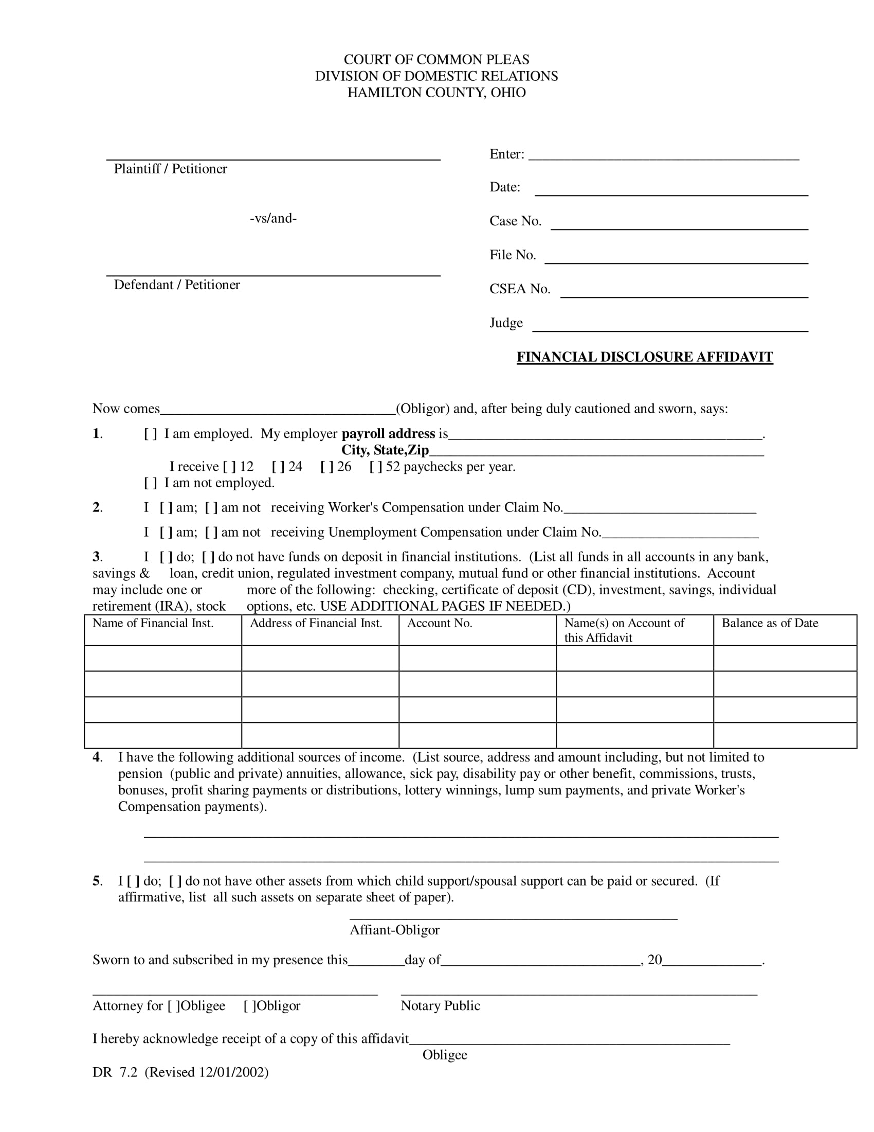 financial disclosure affidavit form 1