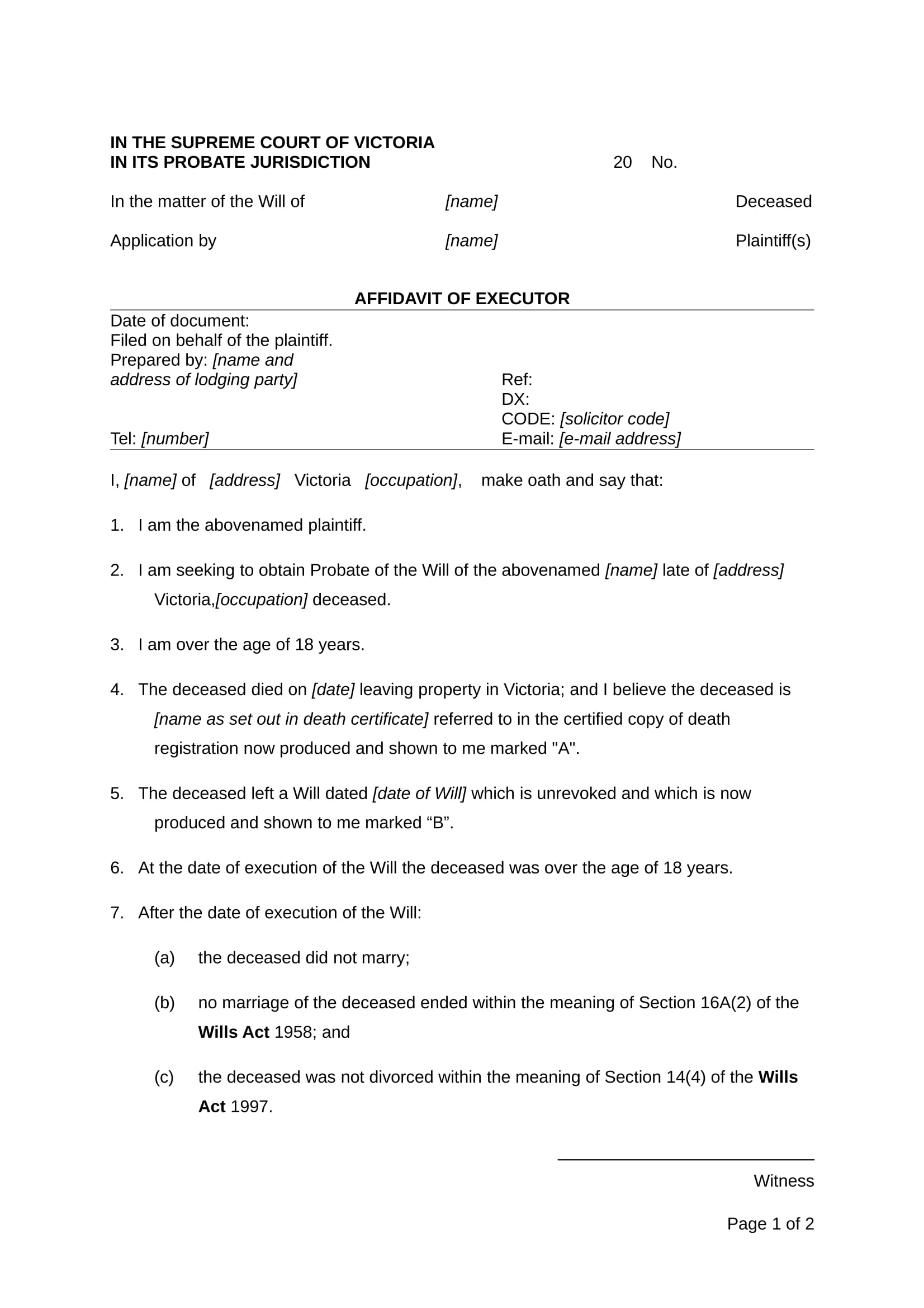 affidavit of executor form sample 1