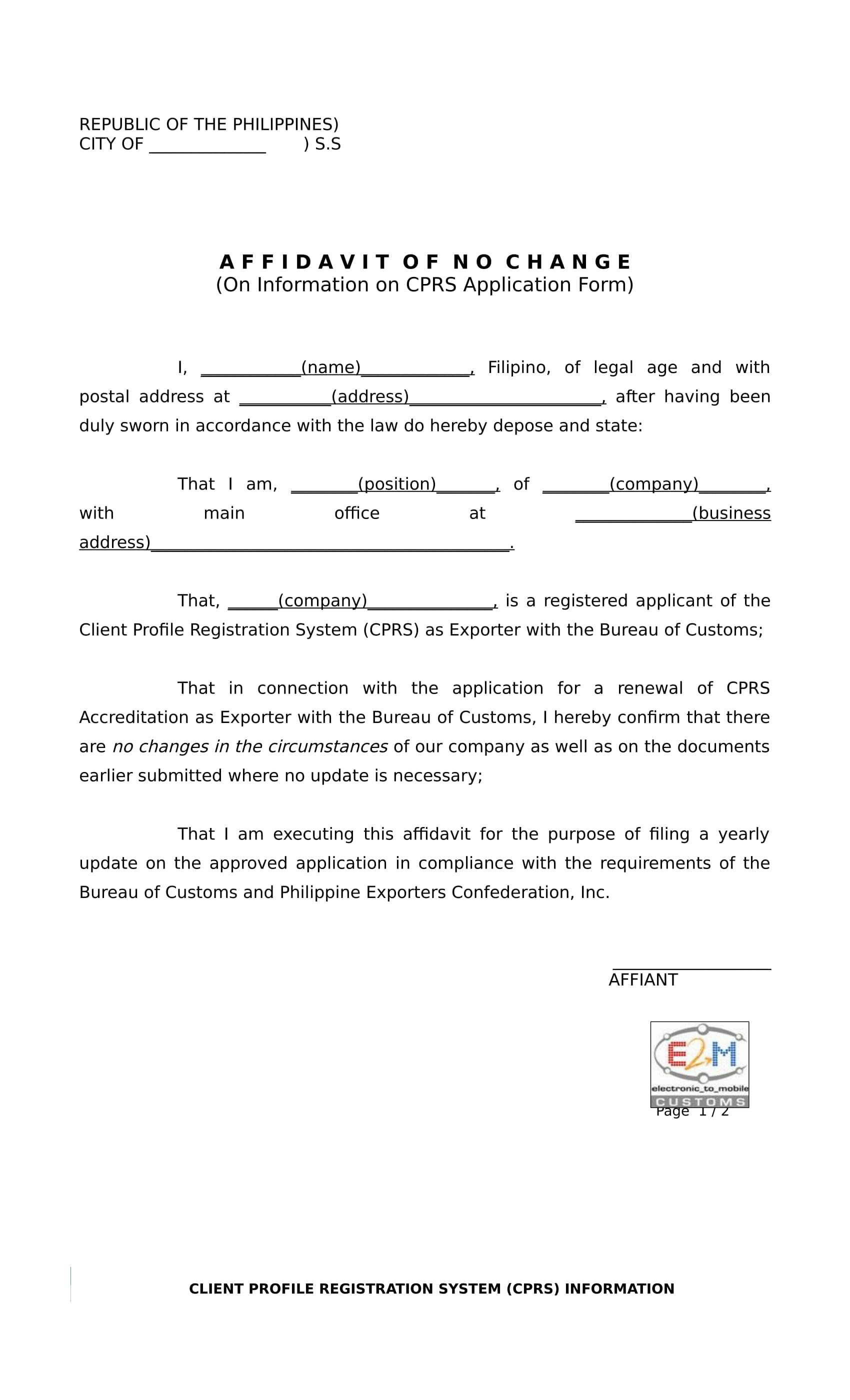 affidavit of no change form sample 1