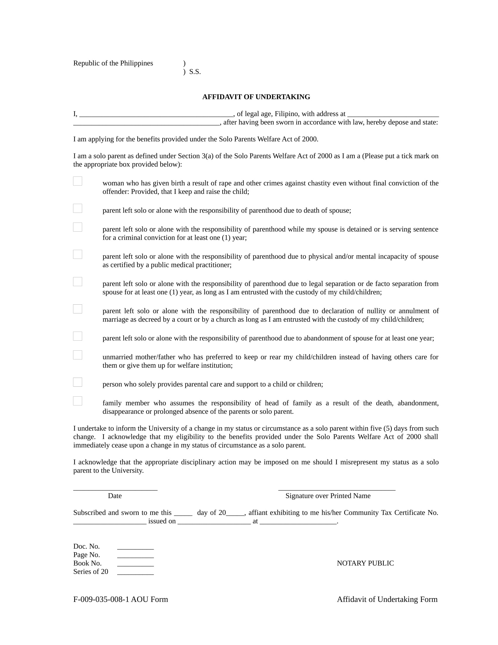 affidavit of undertaking format 1