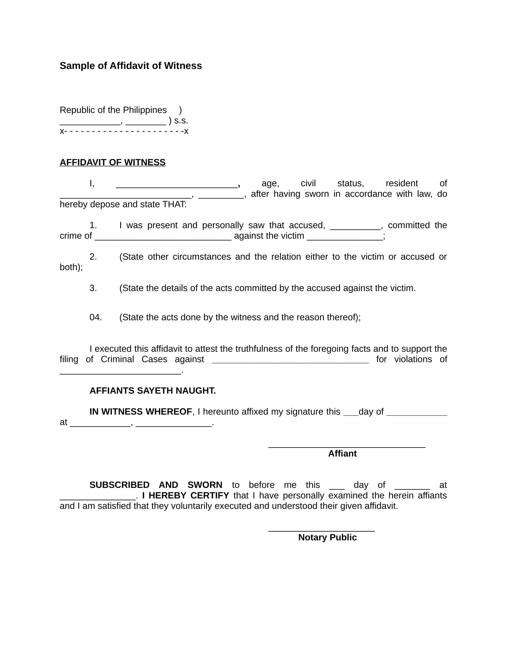affidavit of witness form sample 1