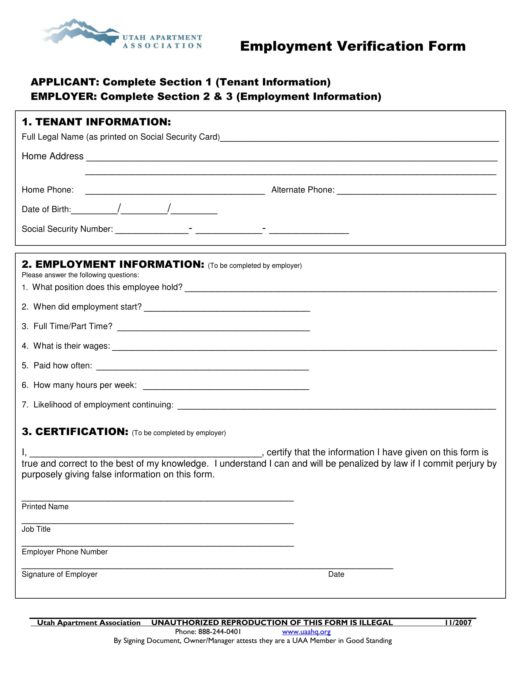 apartment tenant employment verification form 1