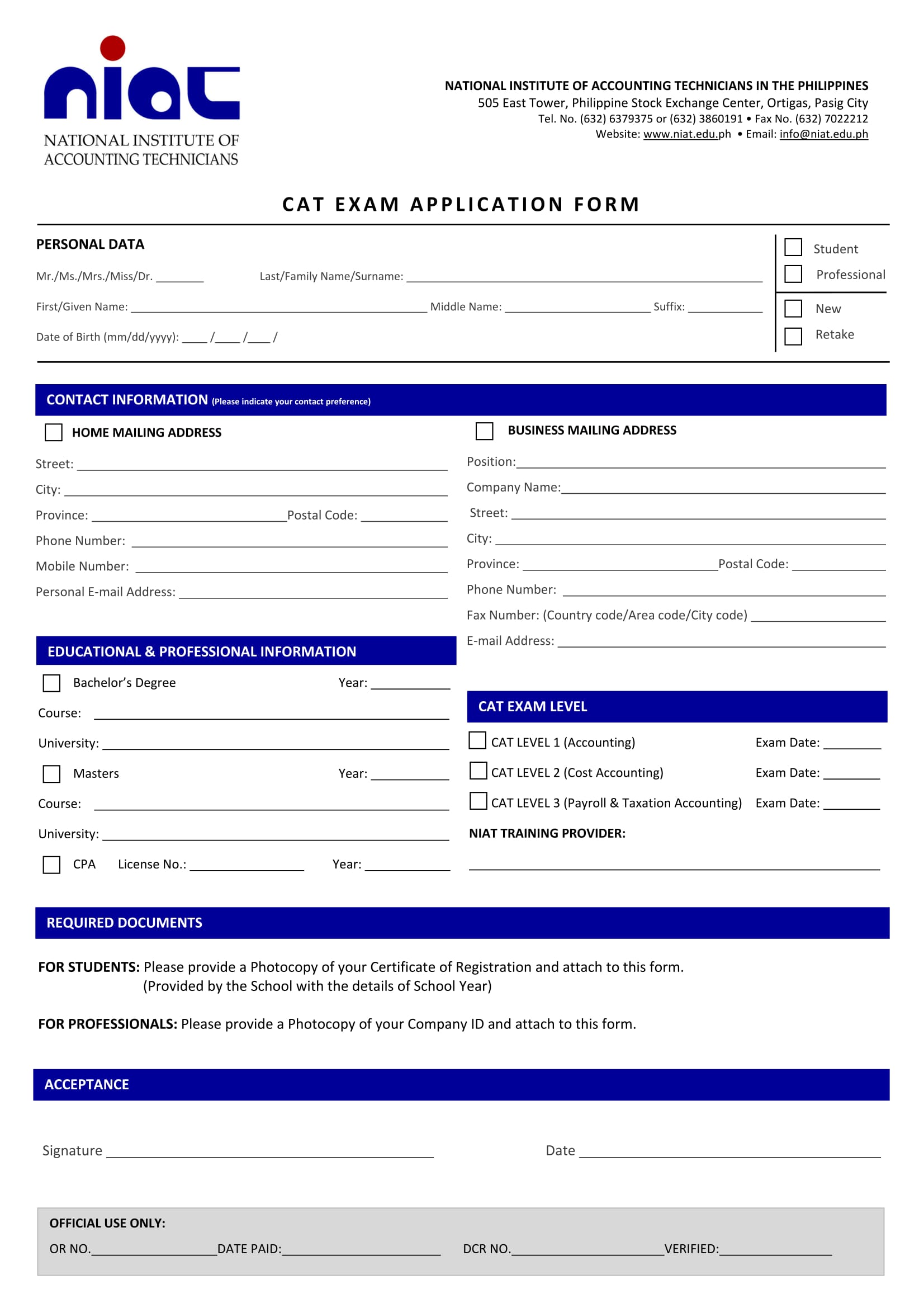 cat exam application form