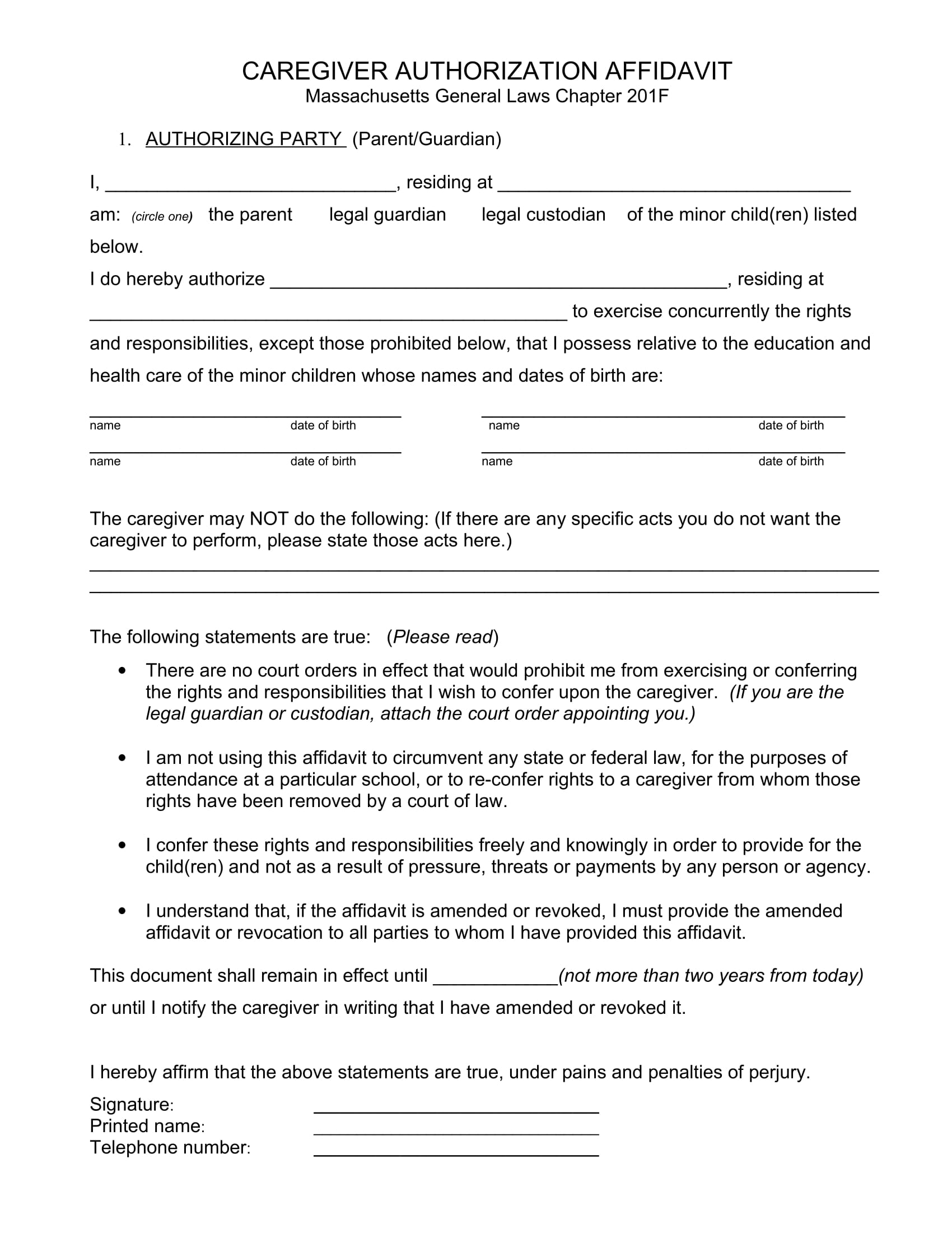 caregiver authorization affidavit format 1