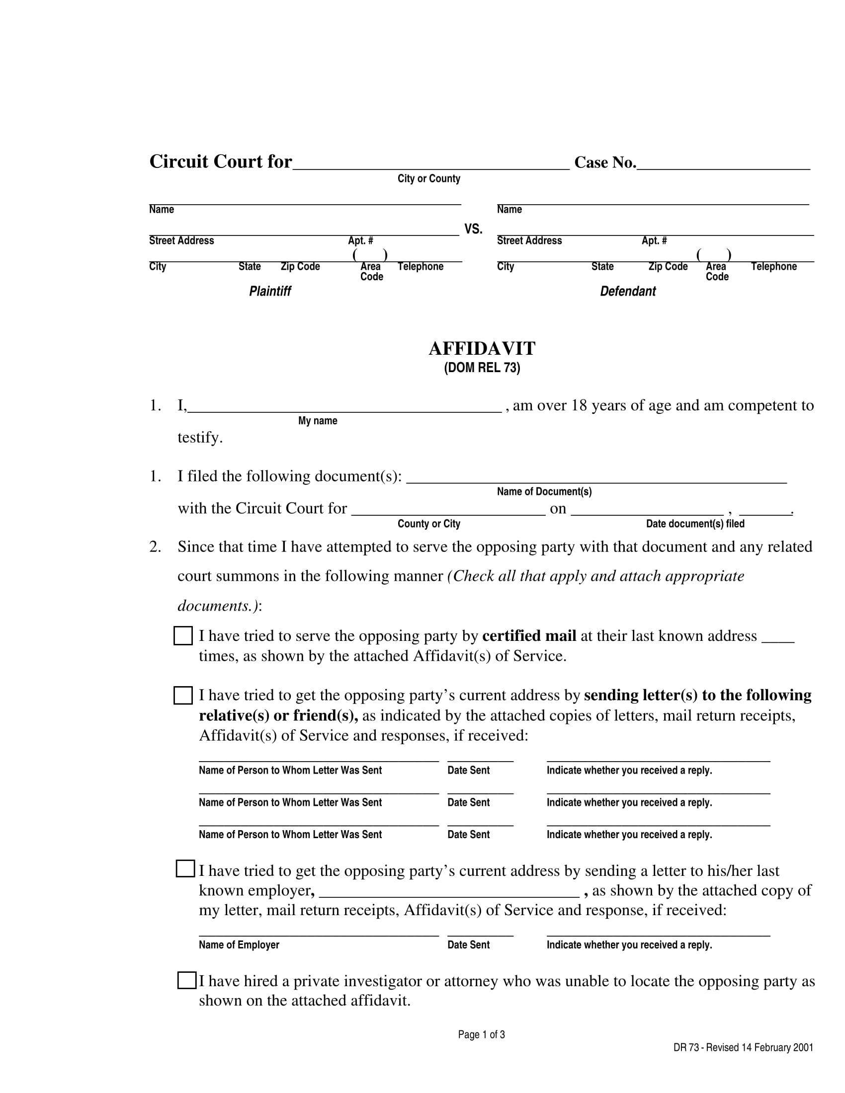 circuit court affidavit sample format 1