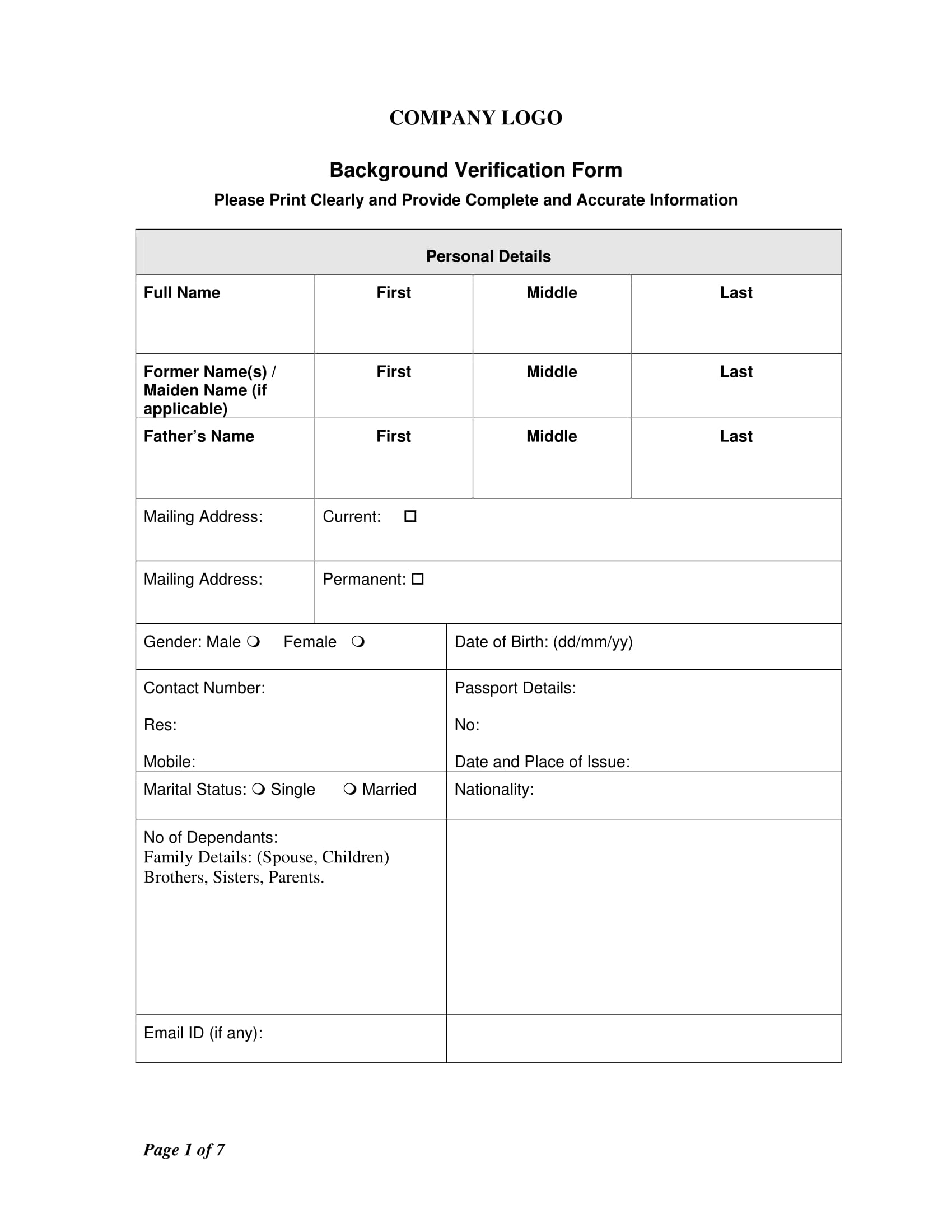 company background verification form 1