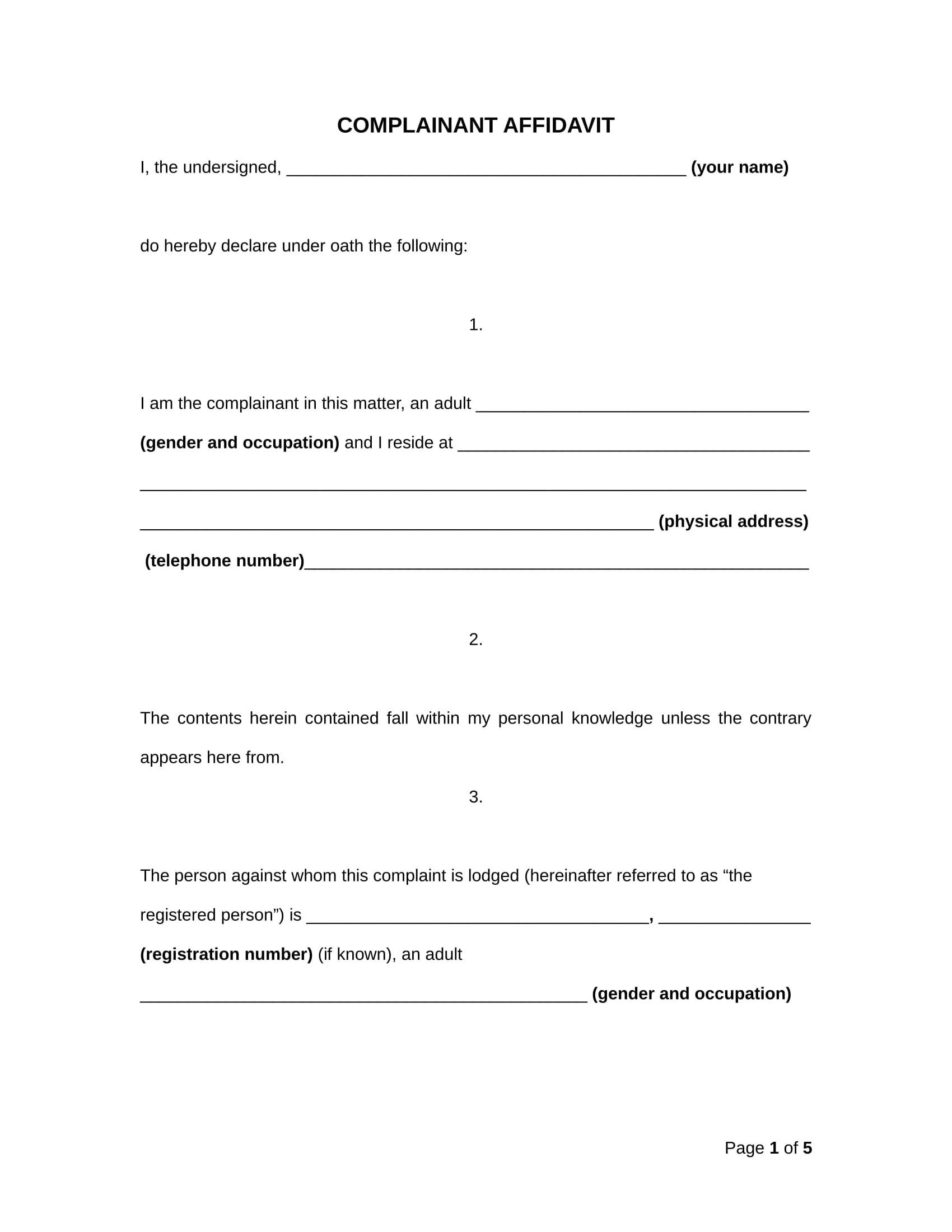 complainant affidavit sample format 1
