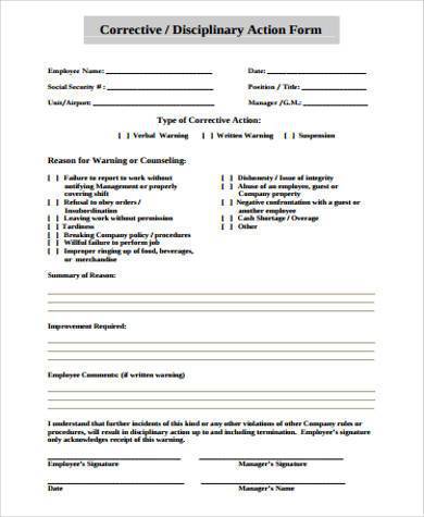 corrective disciplinary action form 390