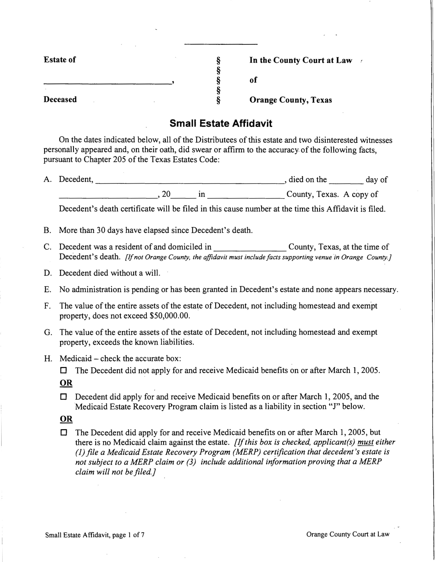 County Court Small Estate Affidavit Form 07 