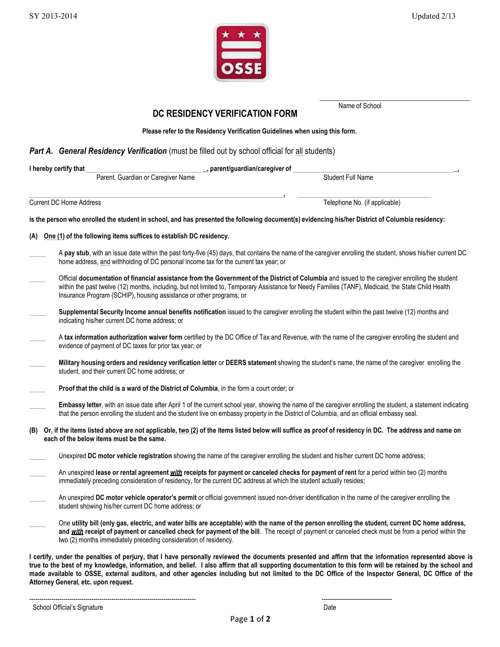 dc residency verification form 1