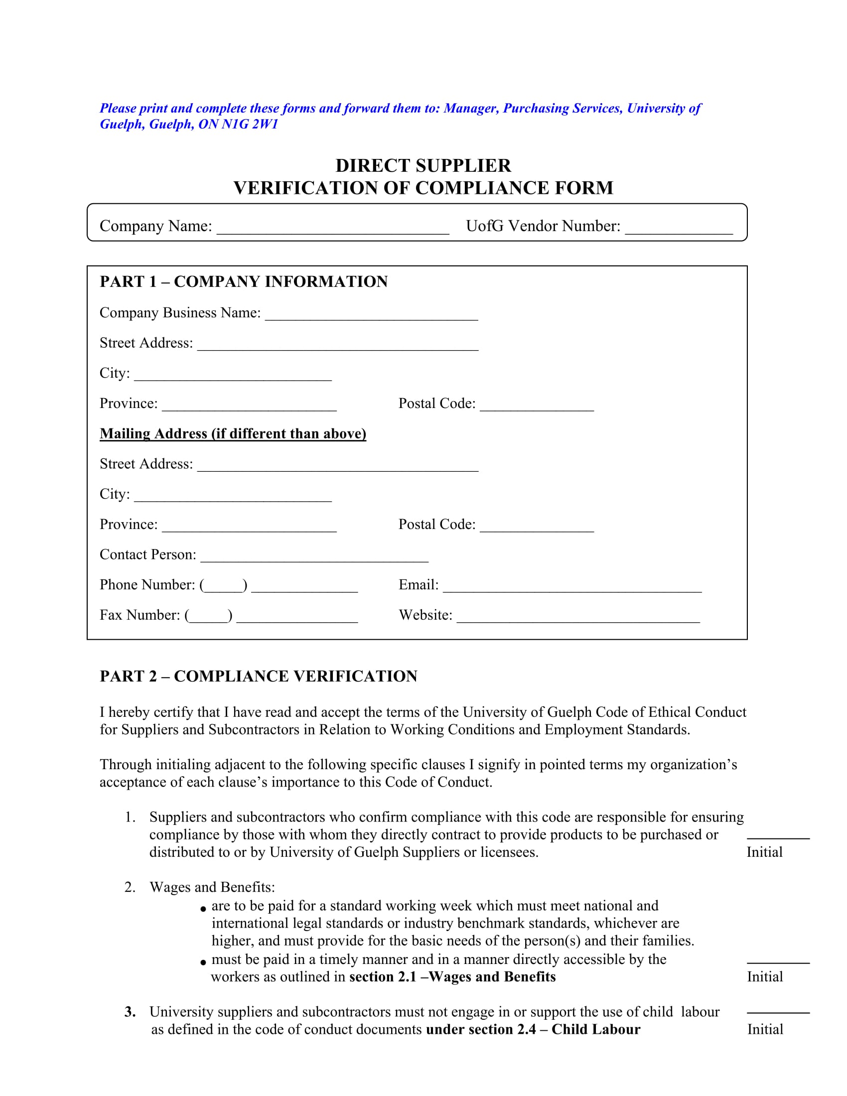 direct supplier compliance verification form 1