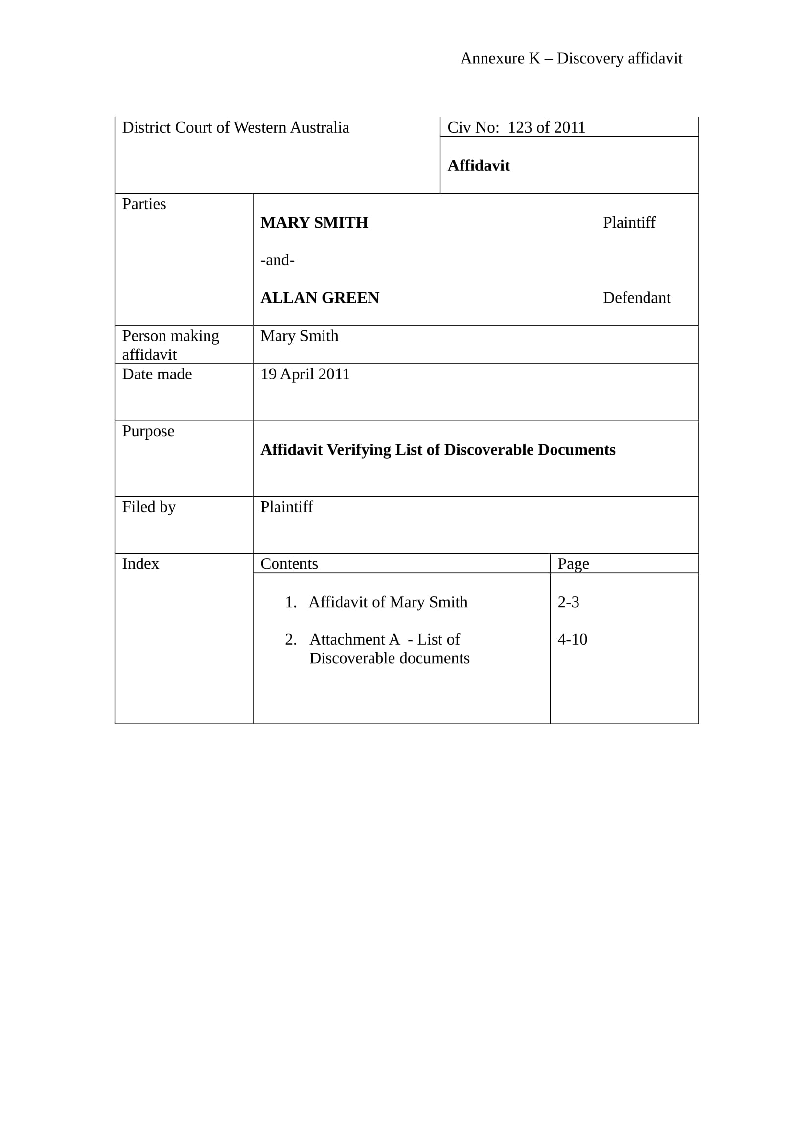 discovery affidavit form sample 1