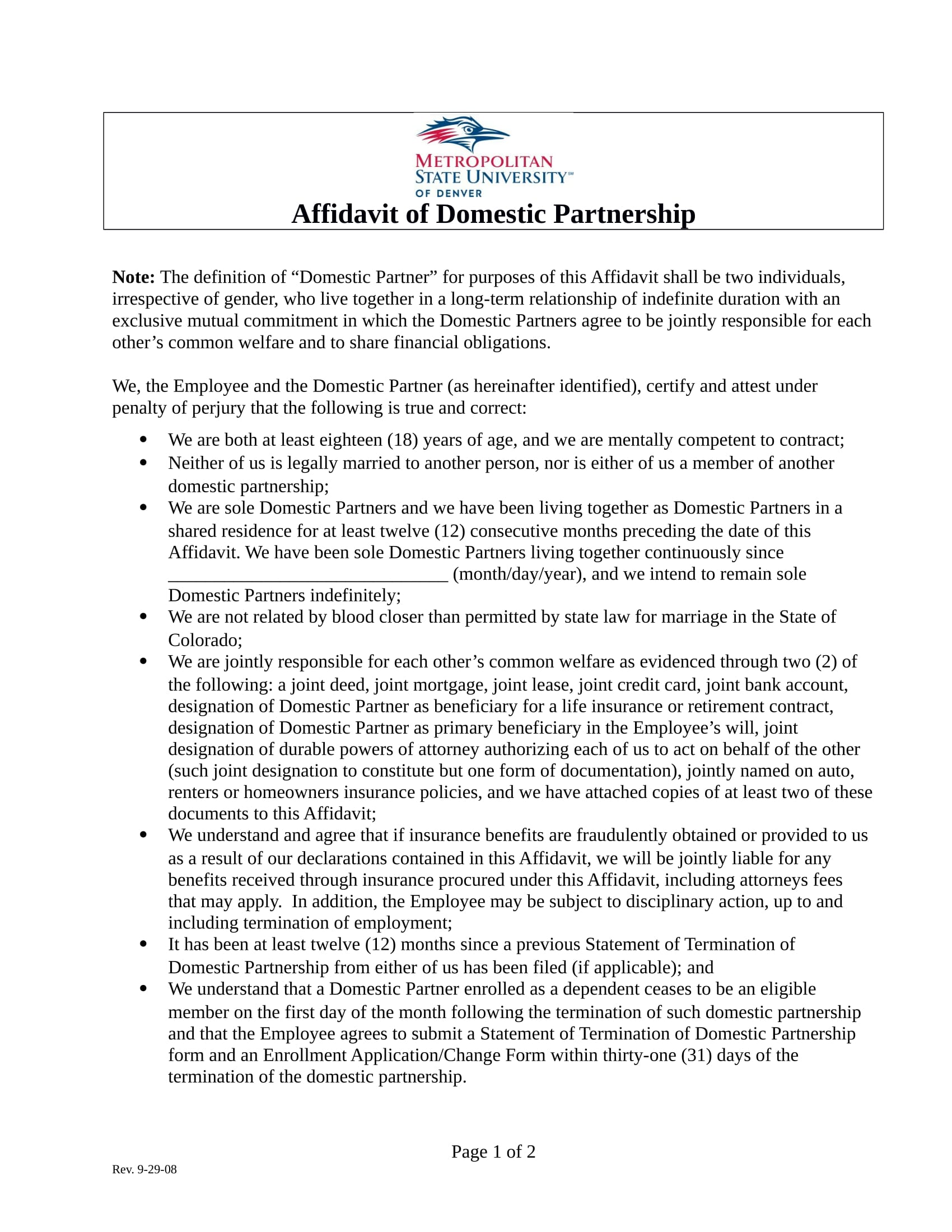 domestic partnership affidavit form sample 1
