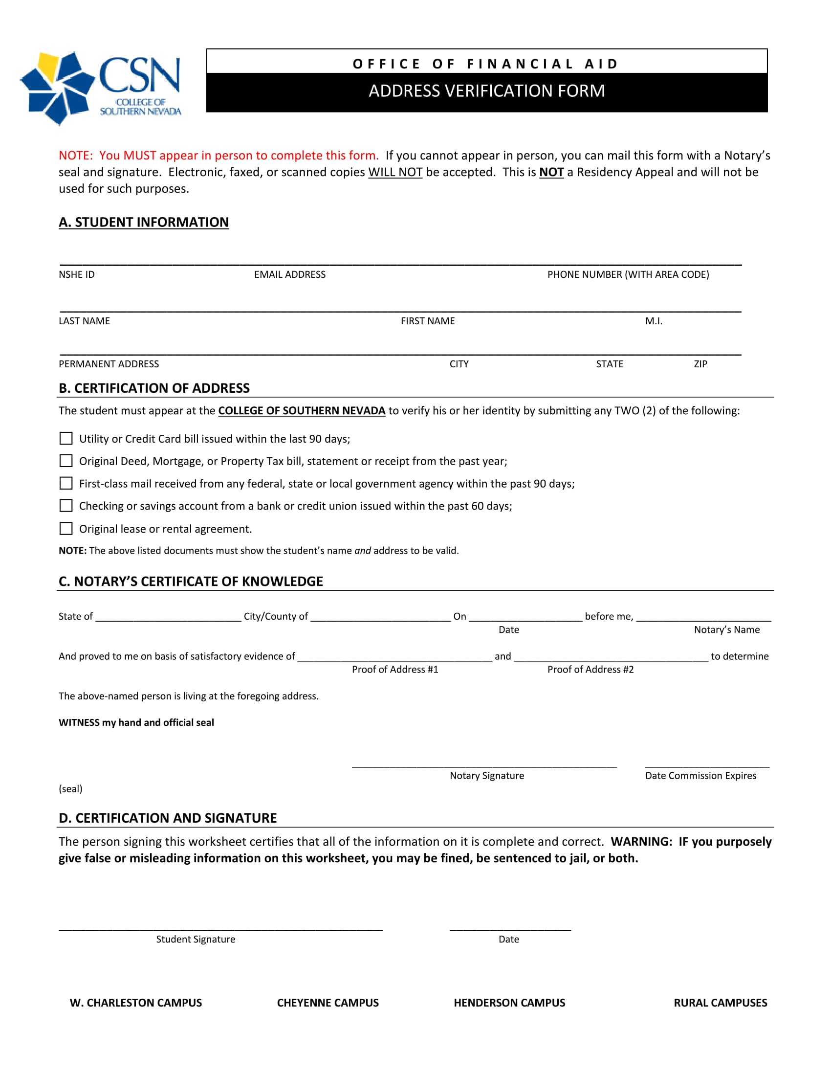 financial aid address verification form 1