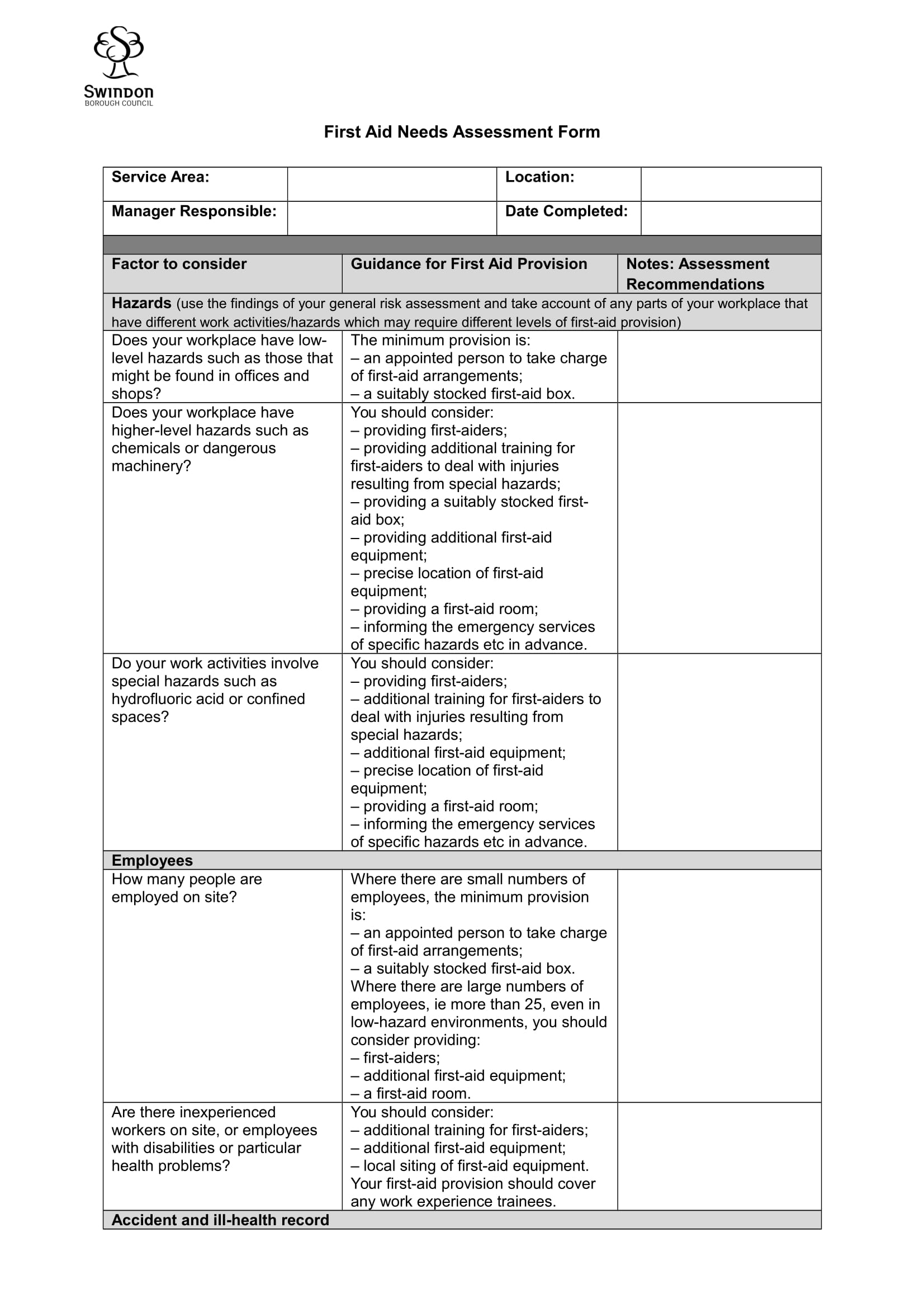 First Aid Needs Assessment Form 1 