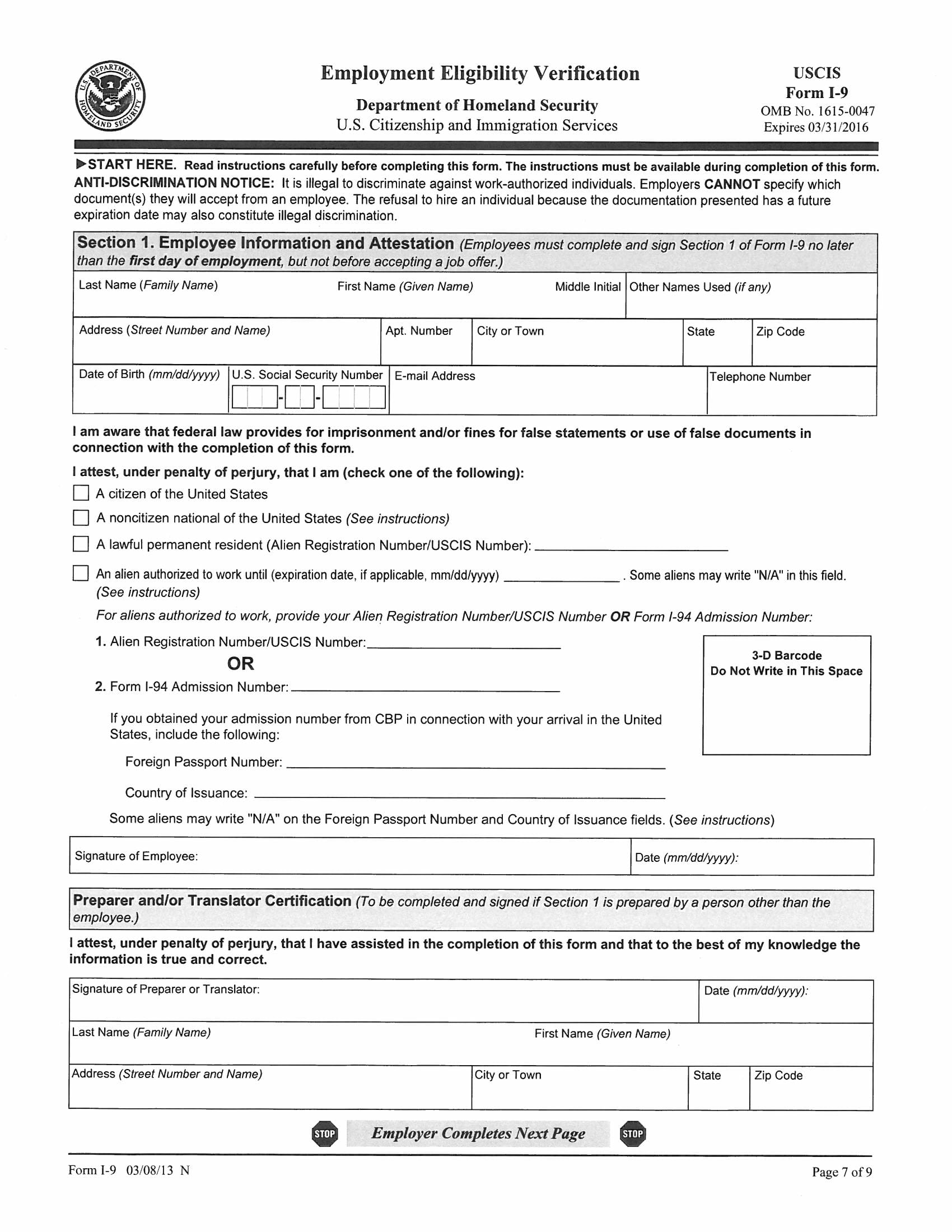 homeland security employment eligibility verification form 1