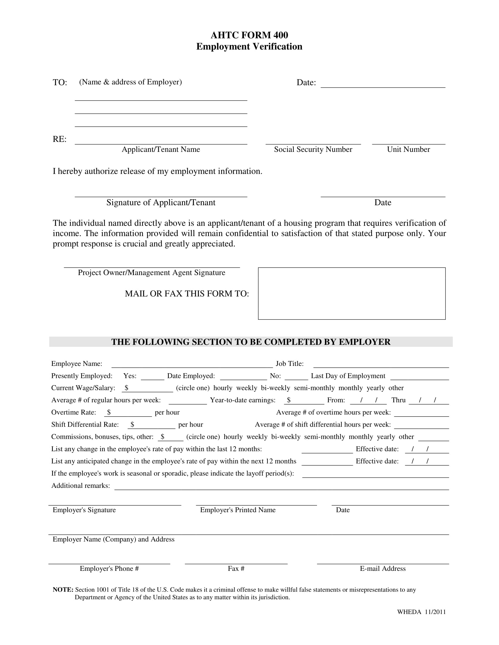 housing program tenant employment verification form 1