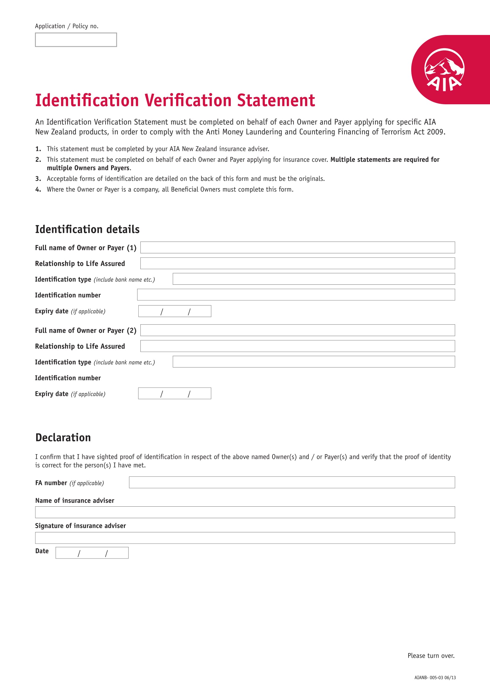 identification verification statement form 1