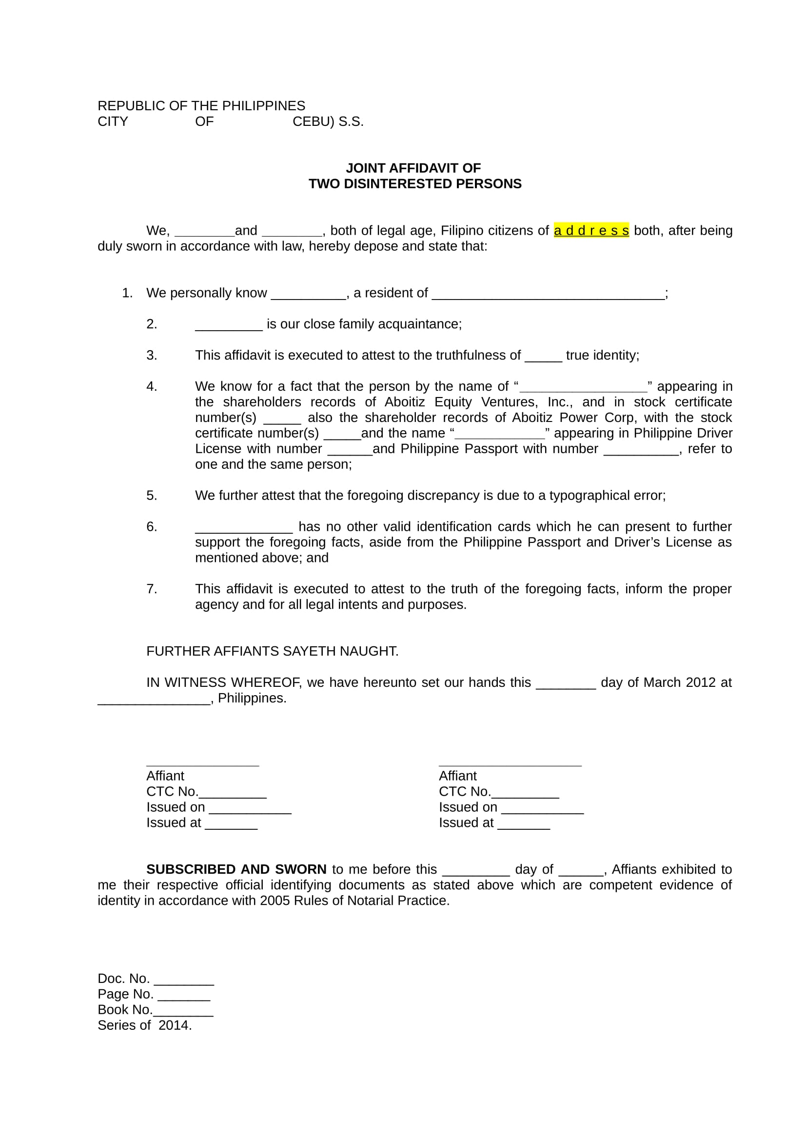 joint affidavit form sample 1