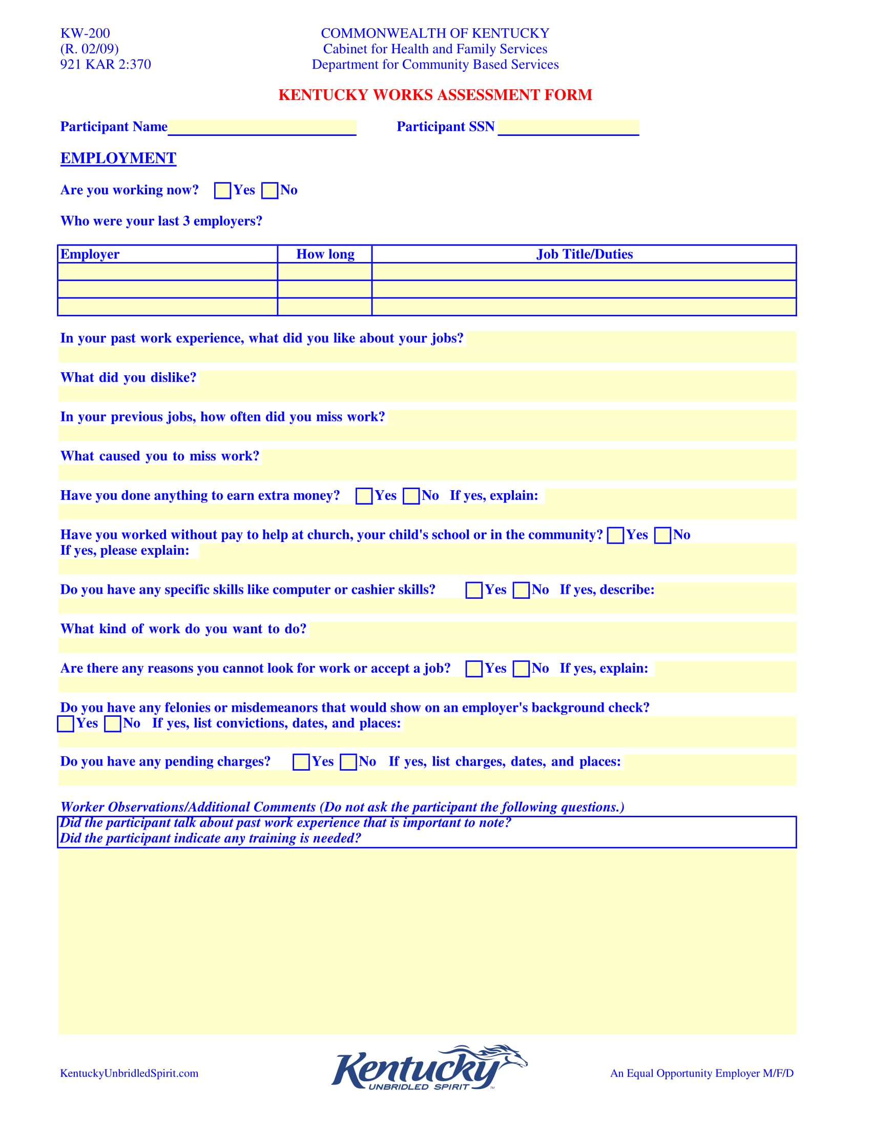 kw 200 kentucky works assessment form 1