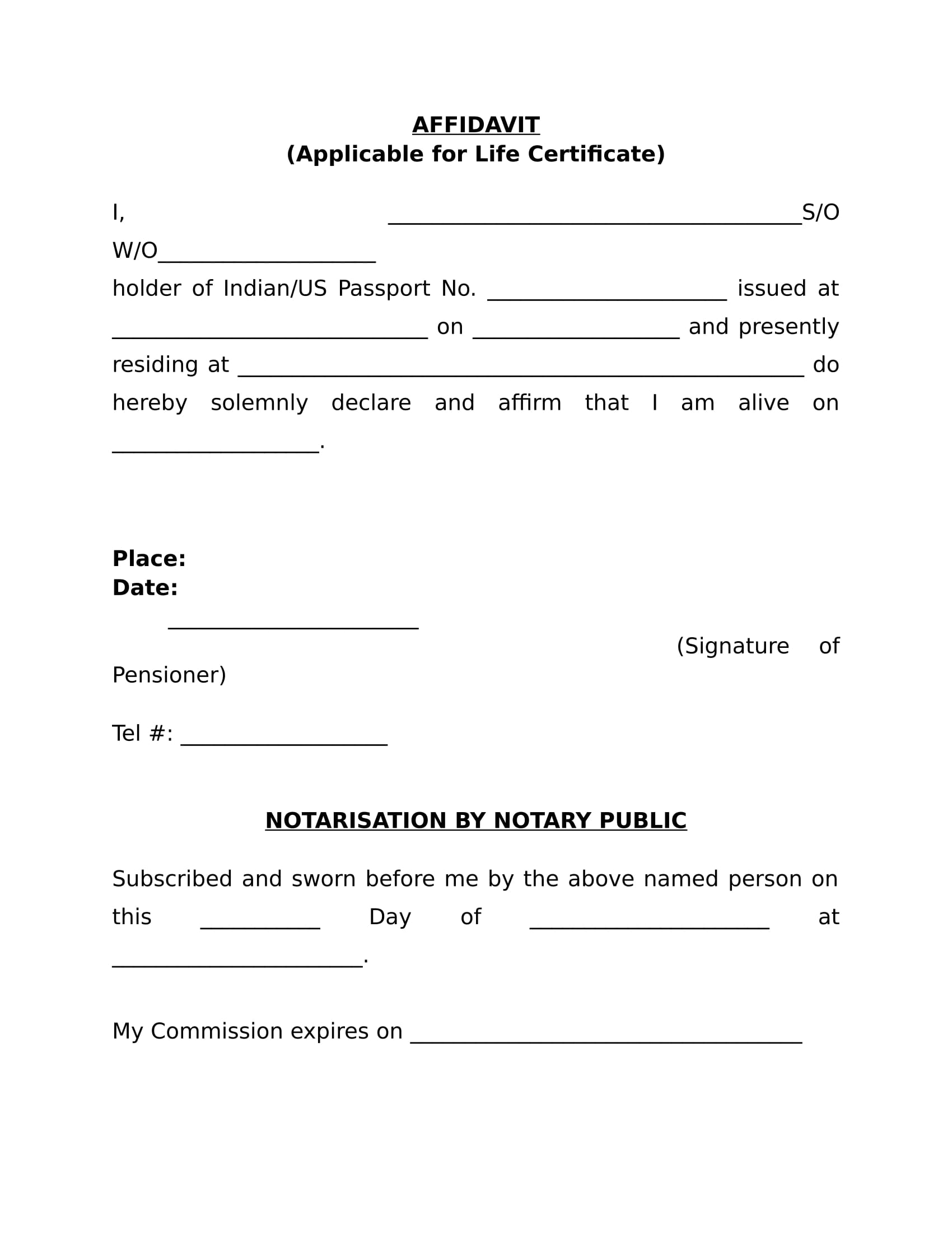 life certificate affidavit form sample 1