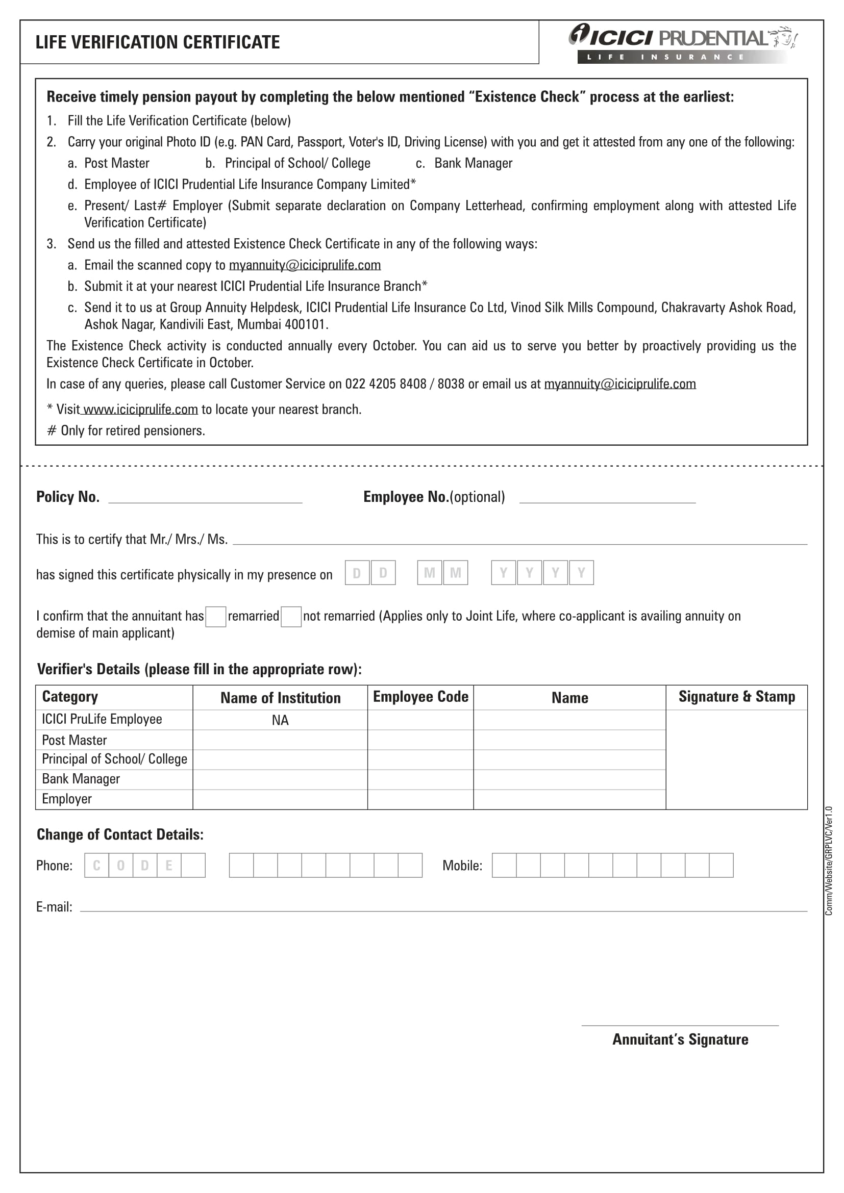 life verification certificate form 1