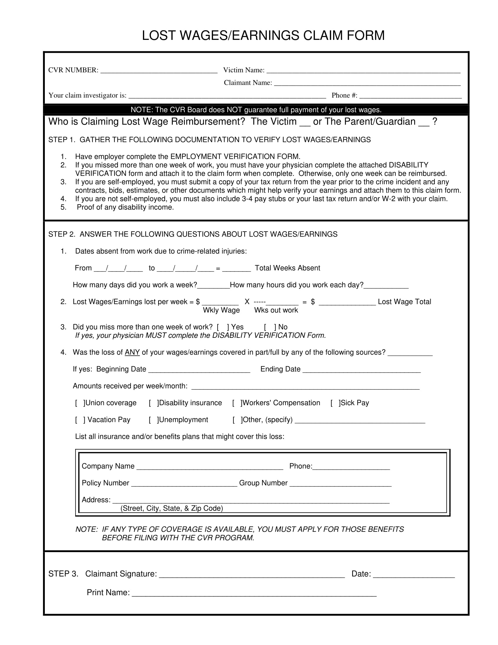 Printable Lost Wages Form