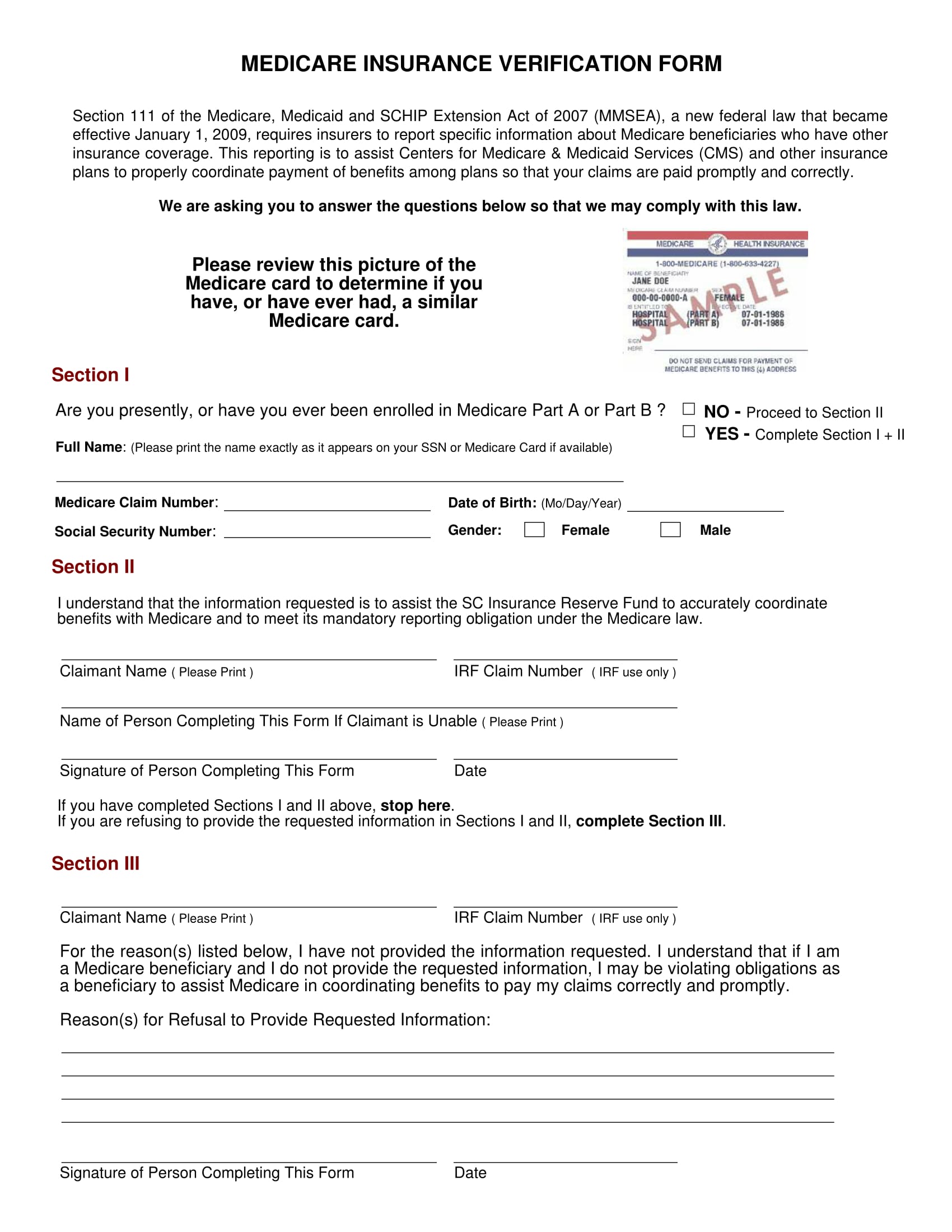 medicare insurance verification form 1