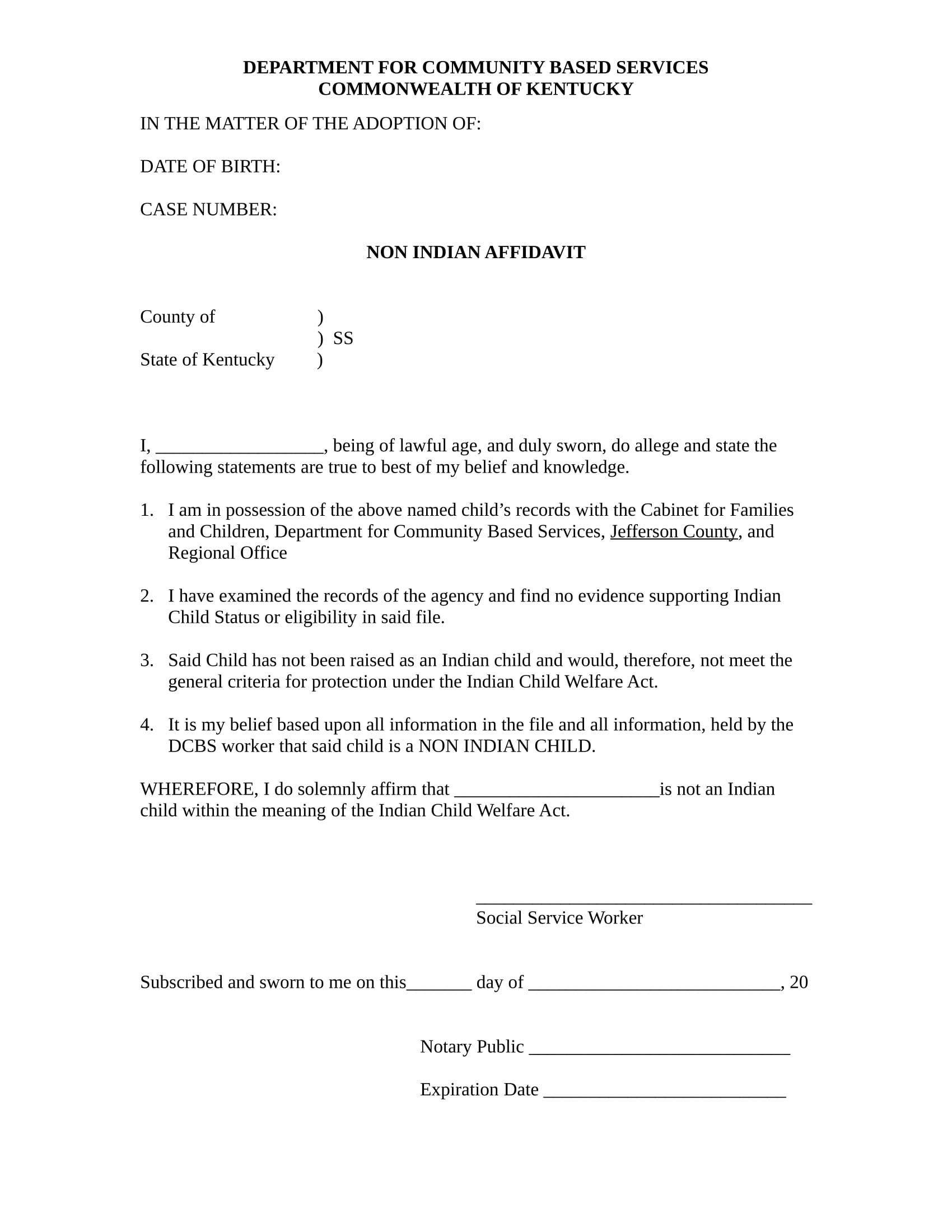 non indian affidavit sample format 1