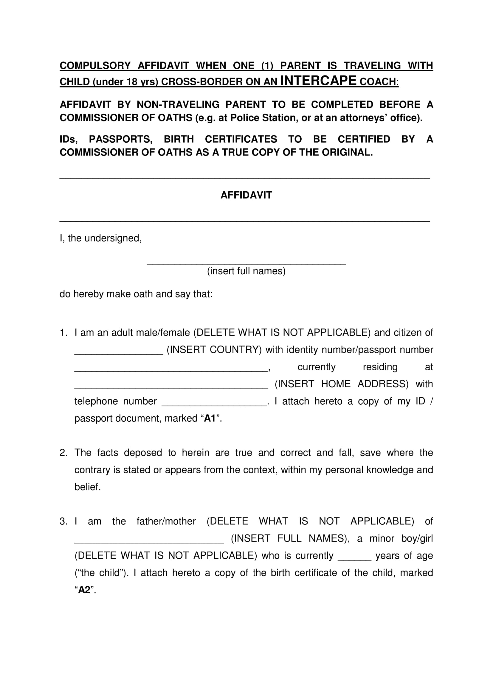 non travelling parent affidavit form sample 1