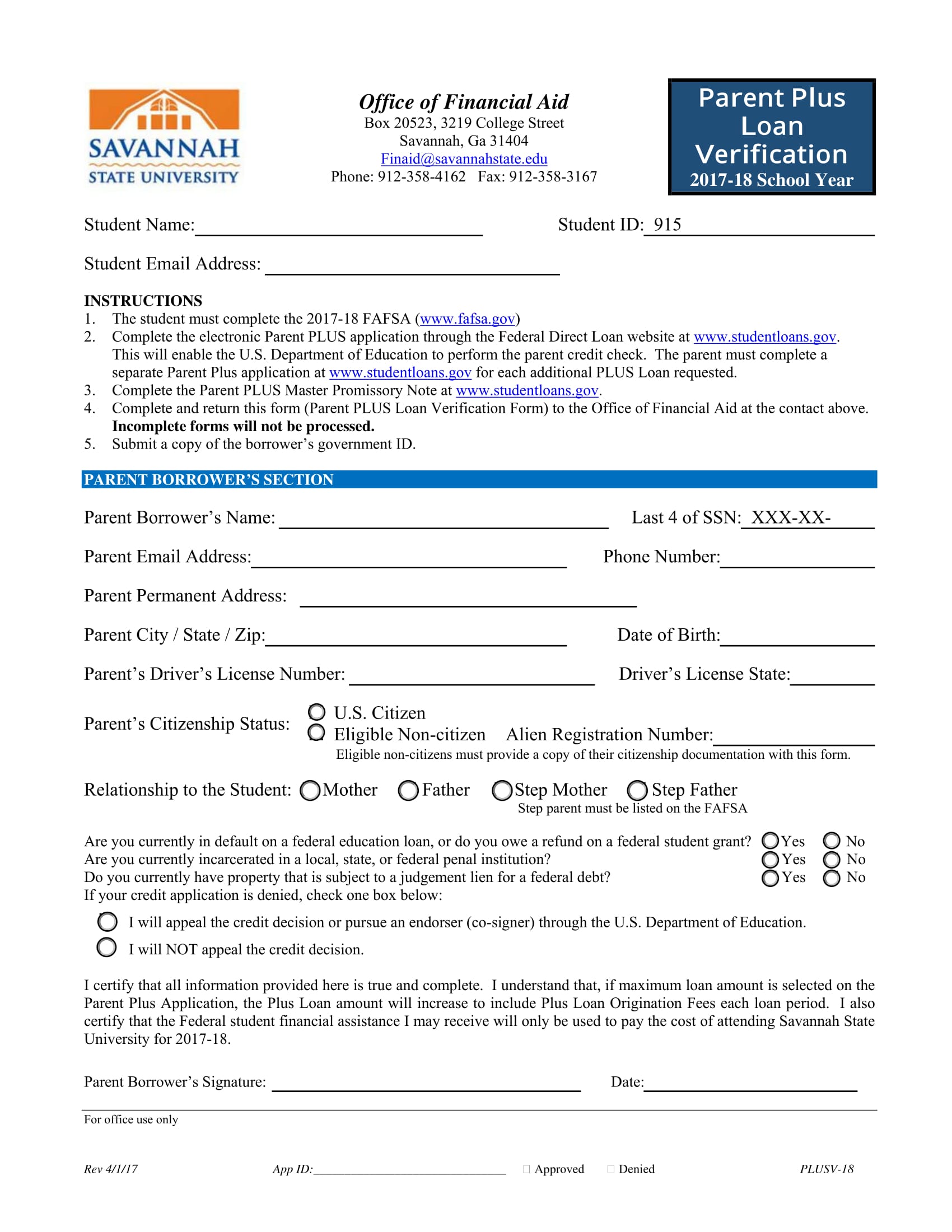 parent plus loan verification form 1