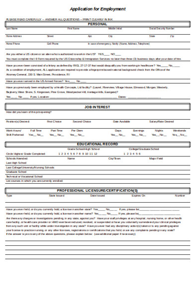 sample health care application form