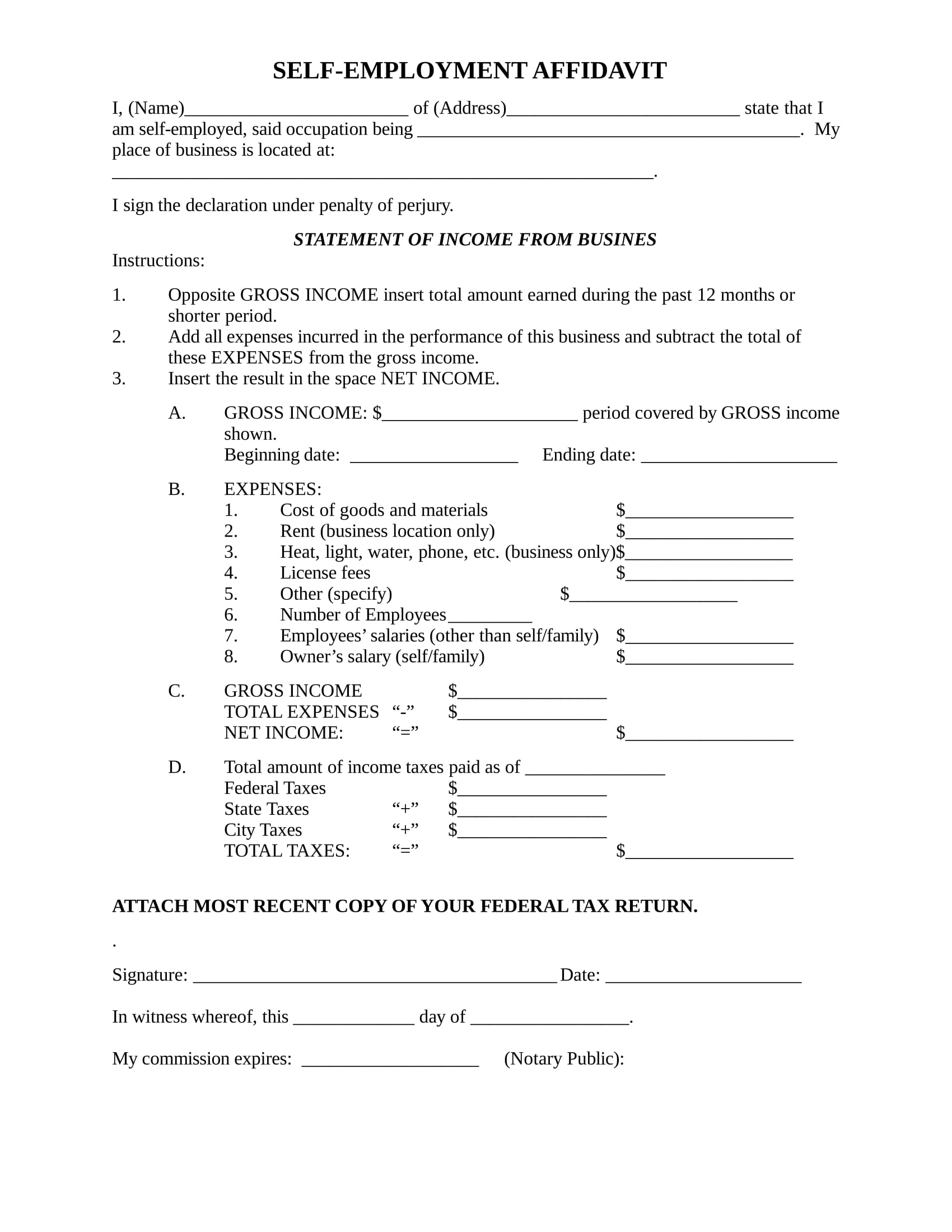 self employment affidavit form sample 1