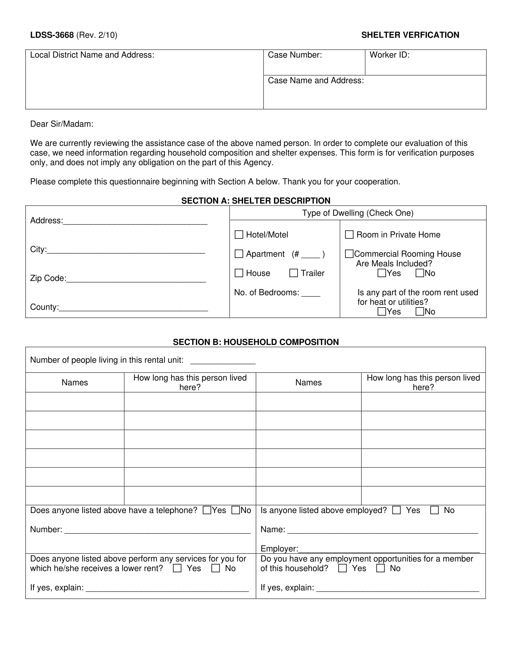 Hennepin County Shelter Verification Form