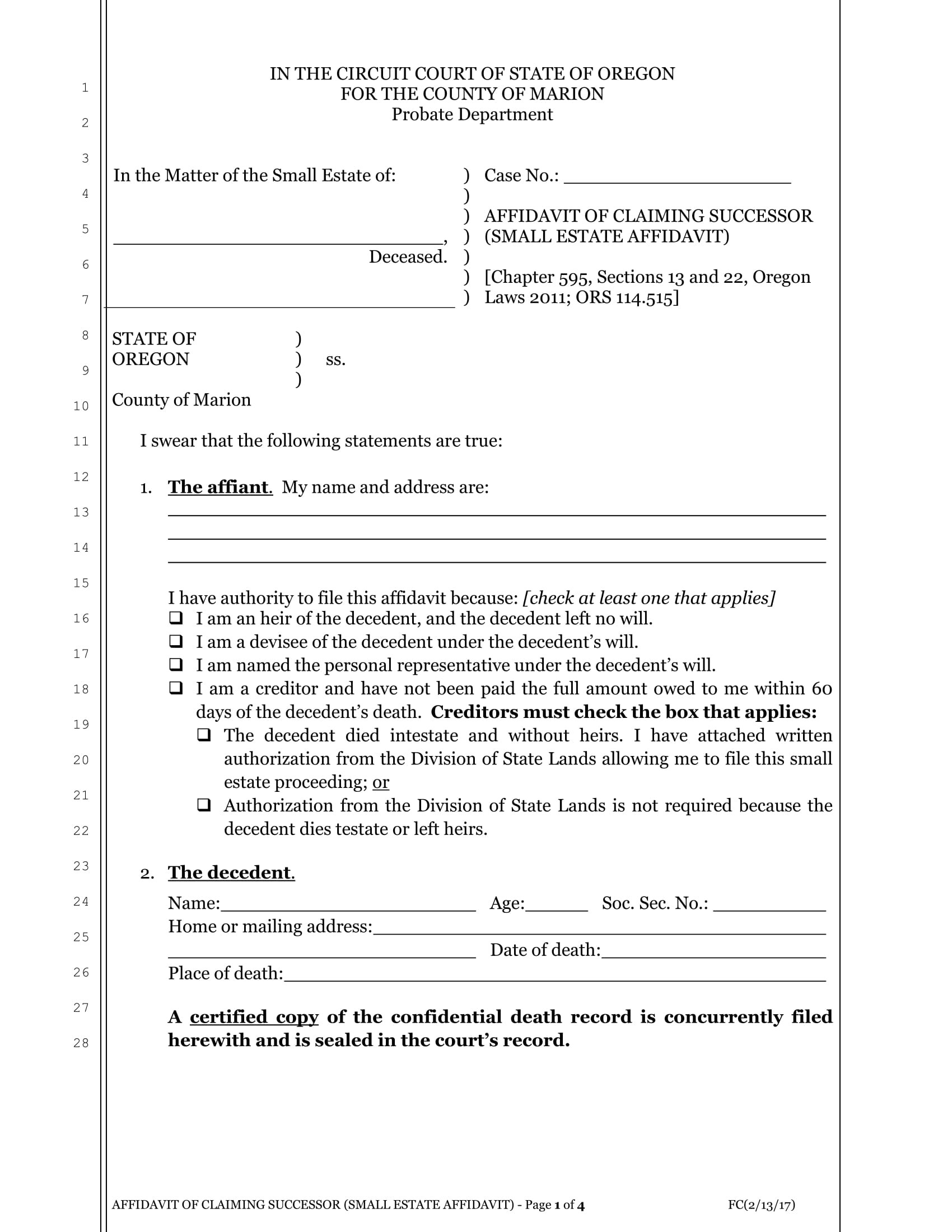 small estate claiming successor affidavit form 1