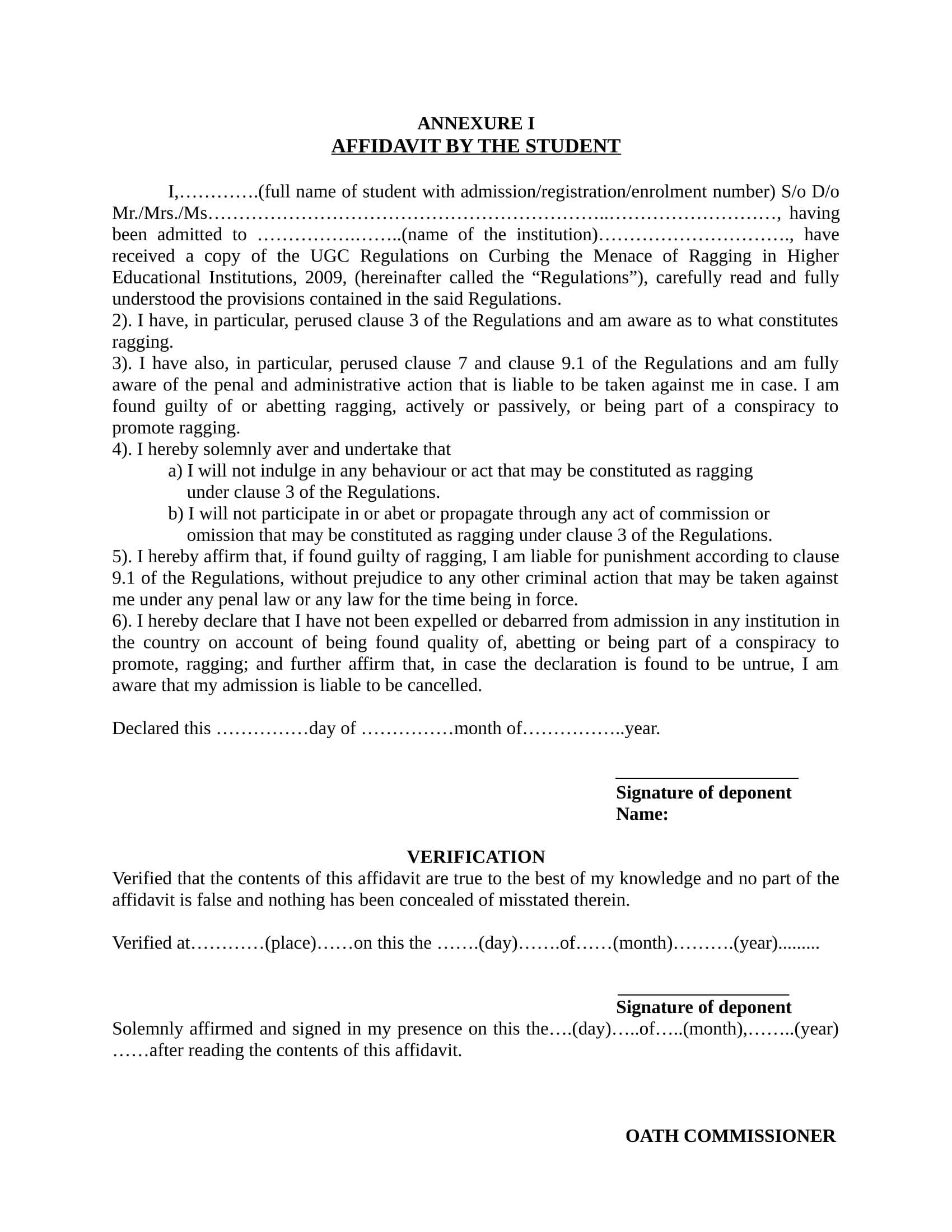 student affidavit sample format 1