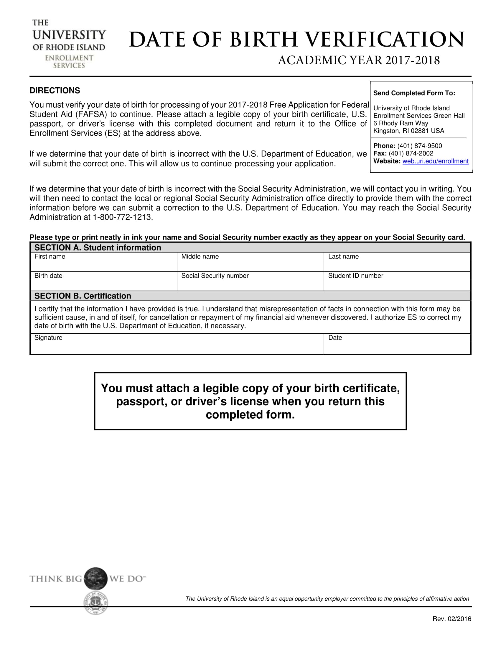 student date of birth verification form 1