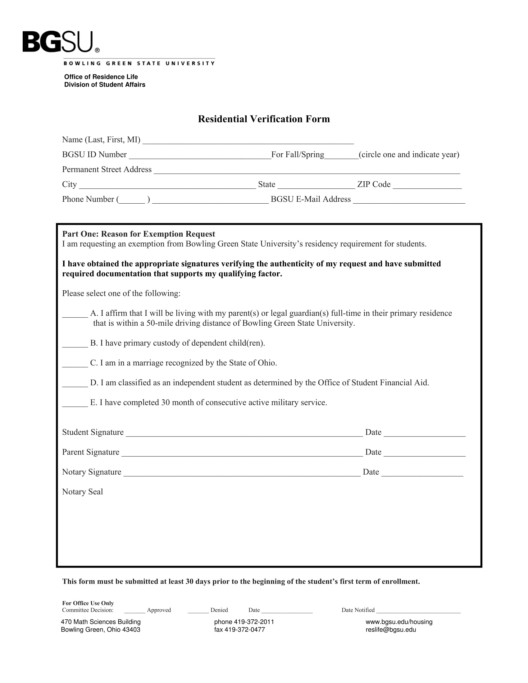 university residential verification form 2