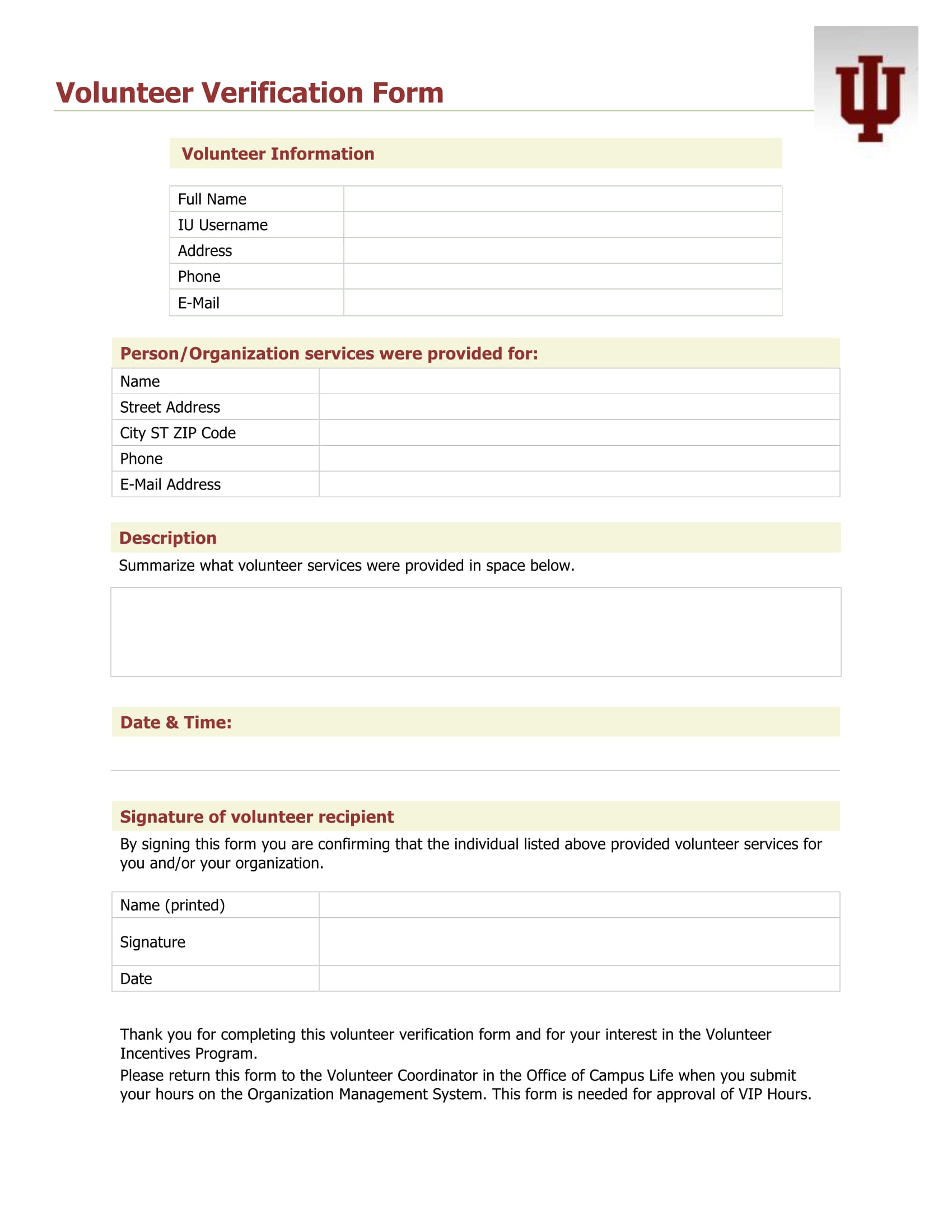 university volunteer verification form 1
